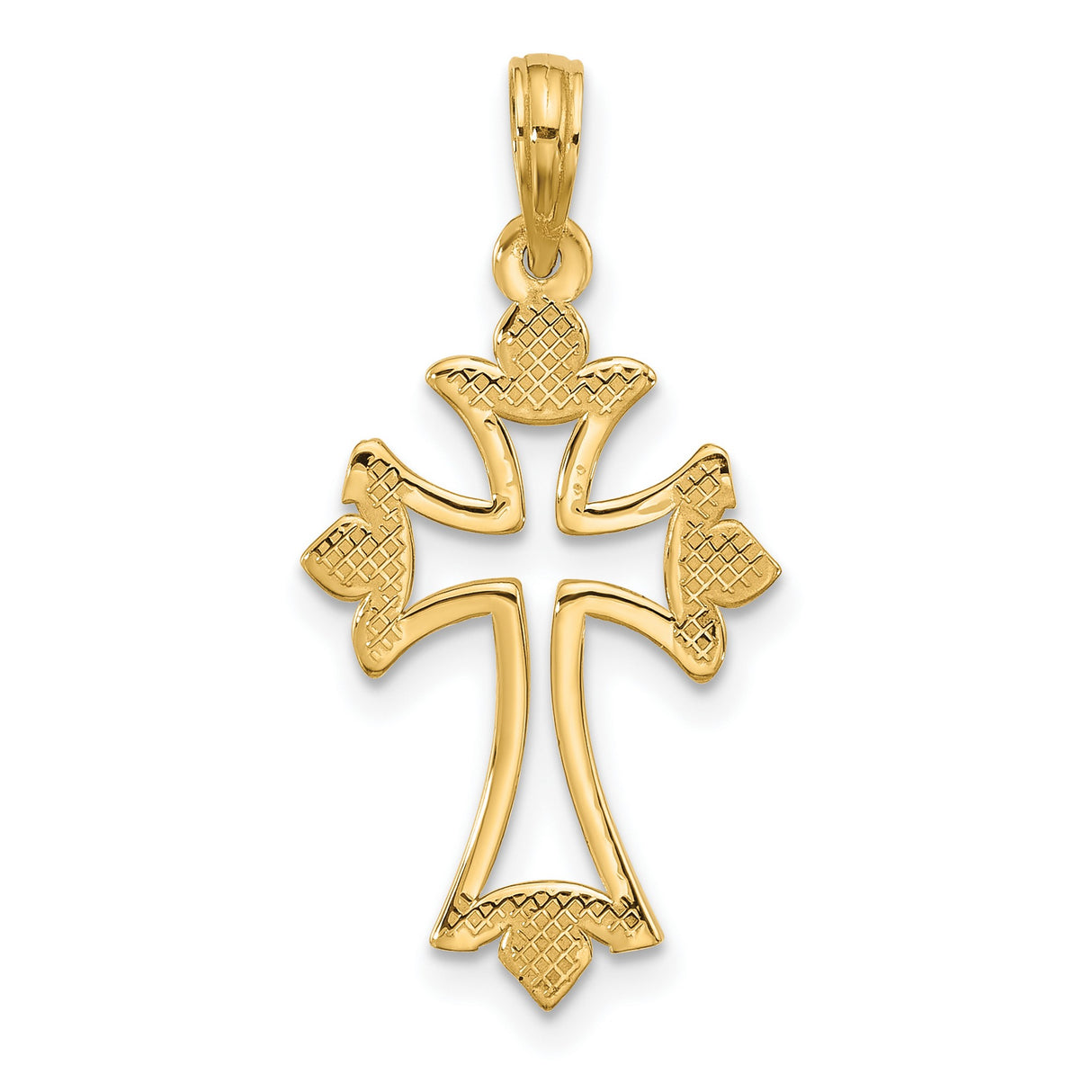 14k Yellow Gold Cross Pendant with Fleur-de-Lis Design, Polished Openwork Religious Charm