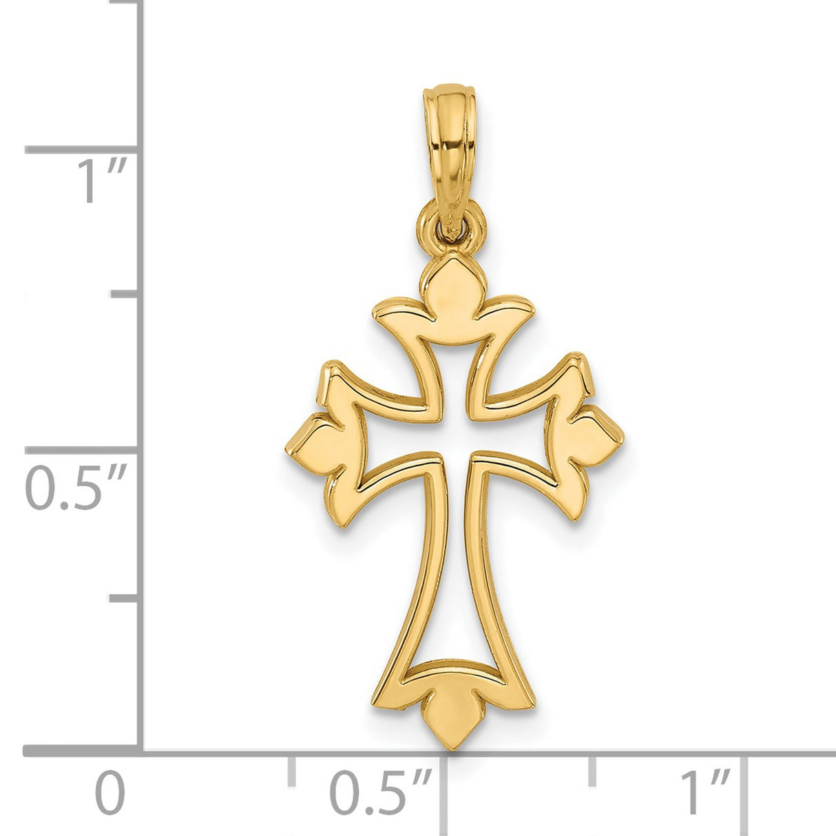 14k Yellow Gold Cross Pendant with Fleur-de-Lis Design, Polished Openwork Religious Charm