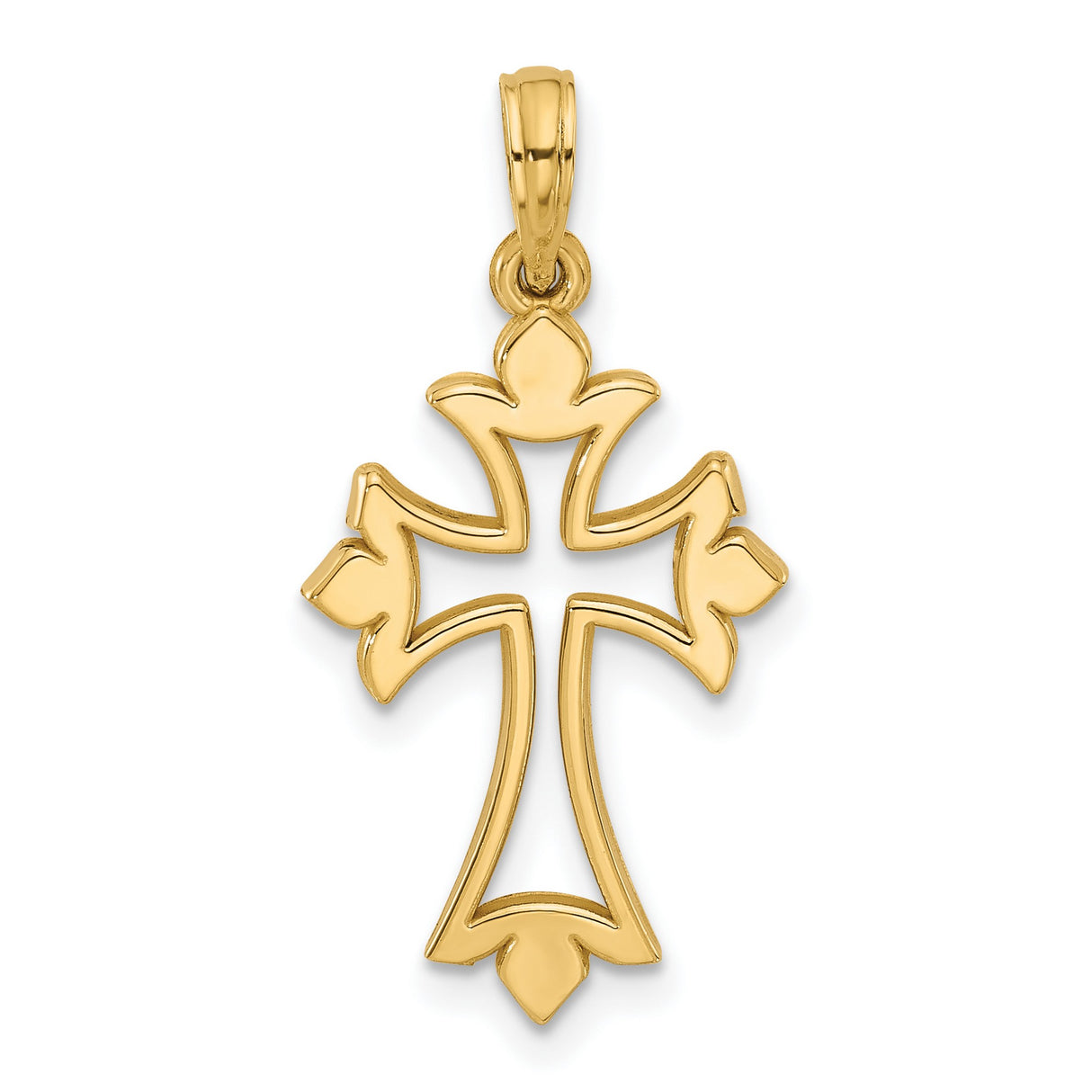 14k Yellow Gold Cross Pendant with Fleur-de-Lis Design, Polished Openwork Religious Charm