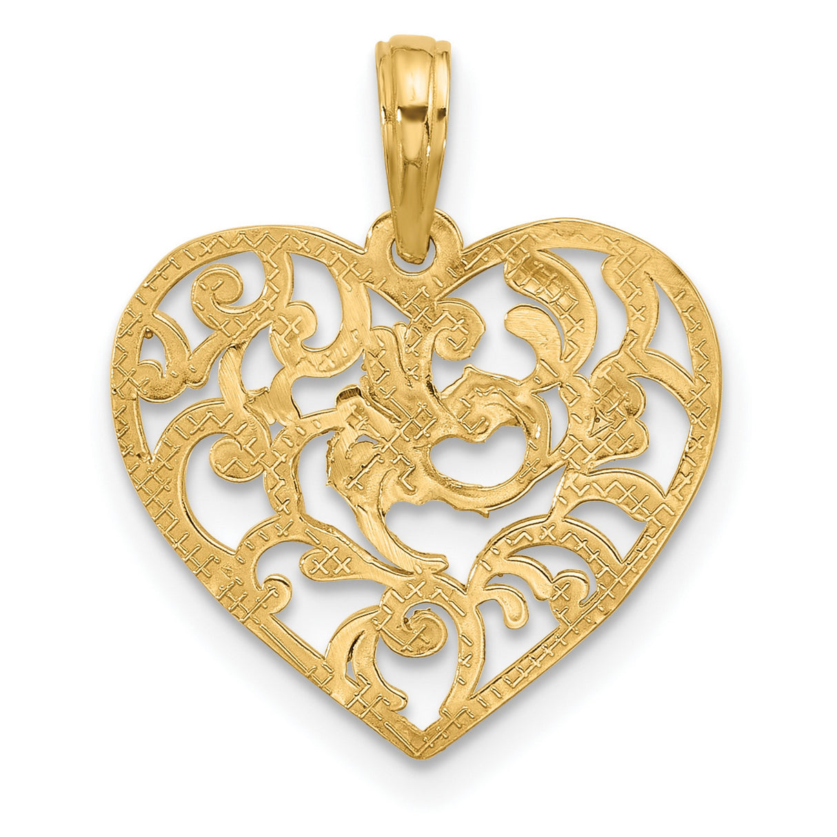 14k Yellow Gold Heart Pendant with Openwork Filigree and Swirling Floral Design for Women