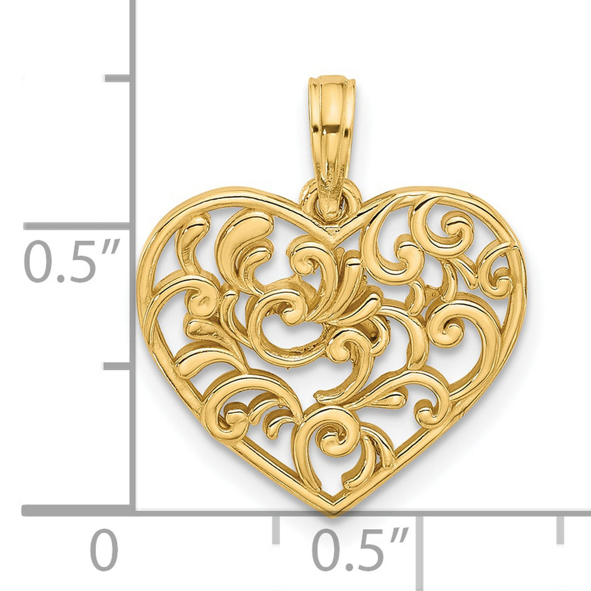14k Yellow Gold Heart Pendant with Openwork Filigree and Swirling Floral Design for Women