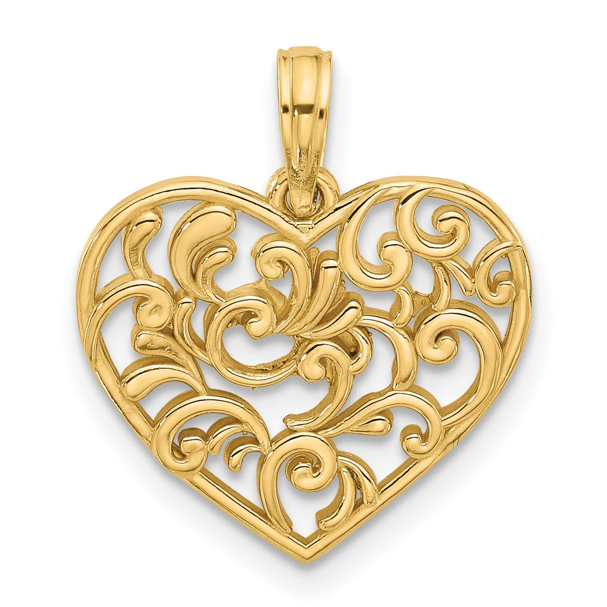 14k Yellow Gold Heart Pendant with Openwork Filigree and Swirling Floral Design for Women