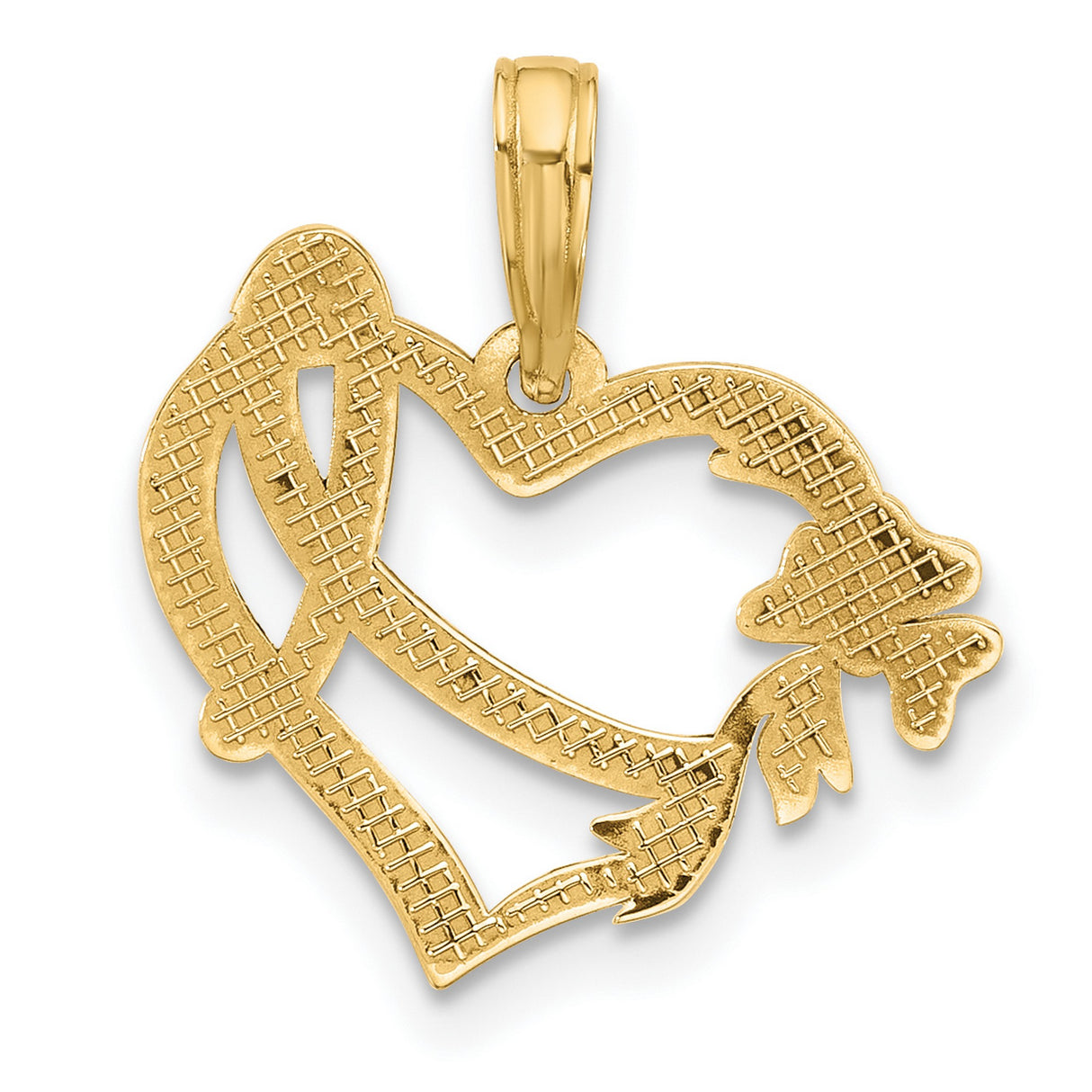 14k Yellow Gold Heart Pendant with Floral Design and Ribbon Motif for Women