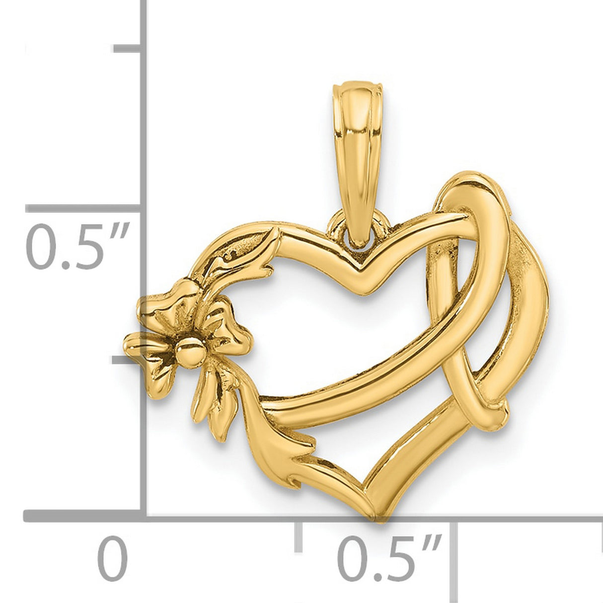 14k Yellow Gold Heart Pendant with Floral Design and Ribbon Motif for Women
