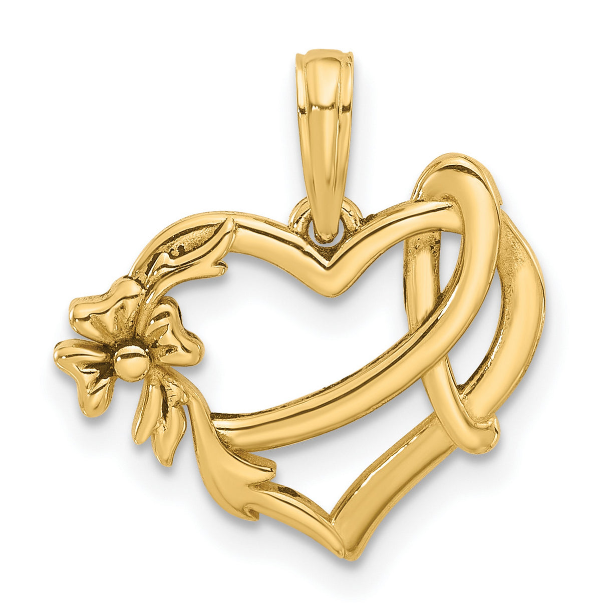 14k Yellow Gold Heart Pendant with Floral Design and Ribbon Motif for Women