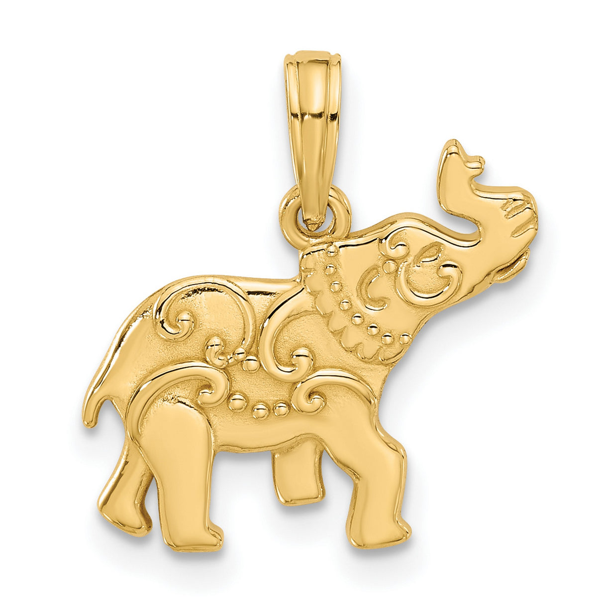 14k Yellow Gold Elephant Pendant with Scroll Detailing, Symbolic Unisex Charm