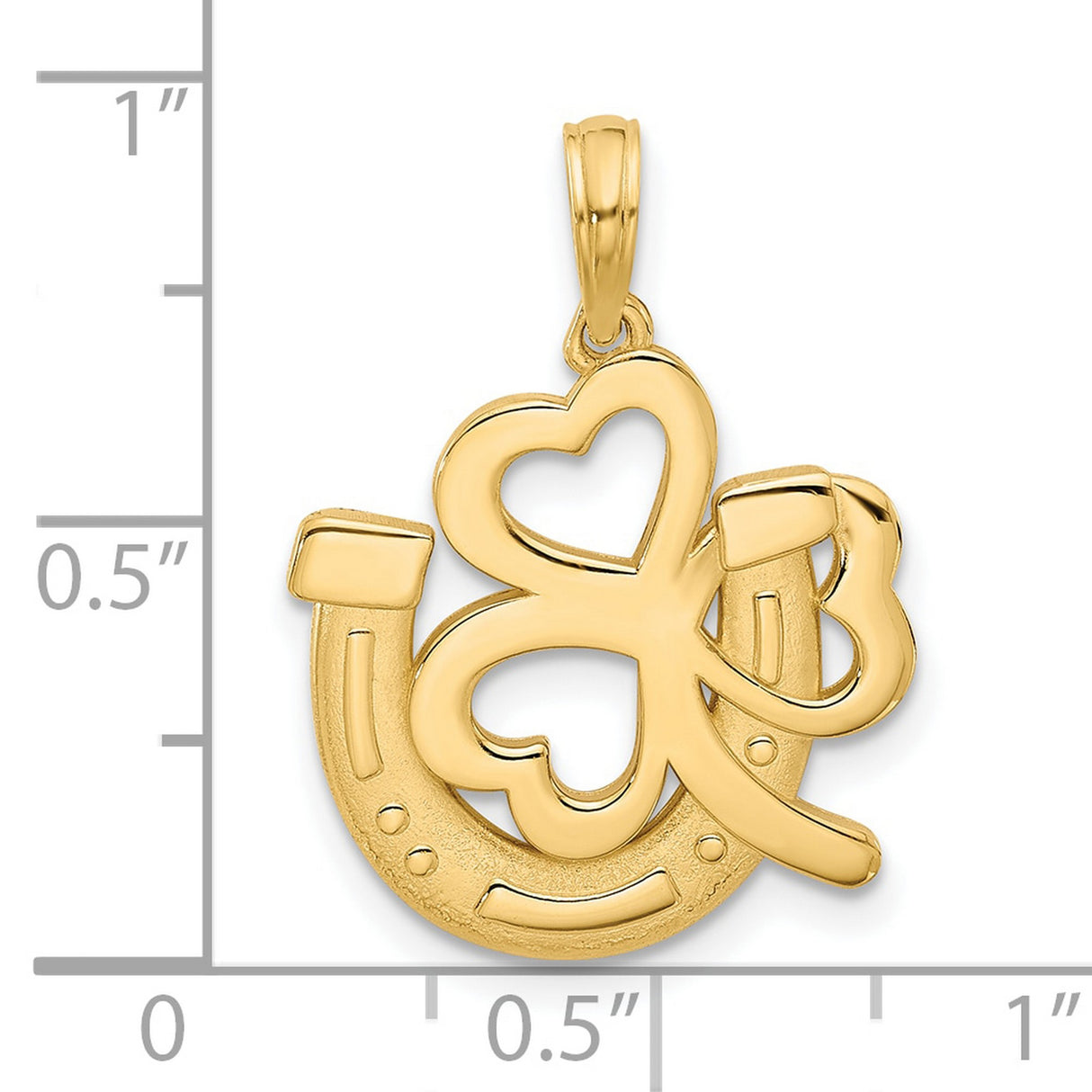 Polished and Satin Horseshoe and Clover Charm Pendant in Real 14k Yellow Gold