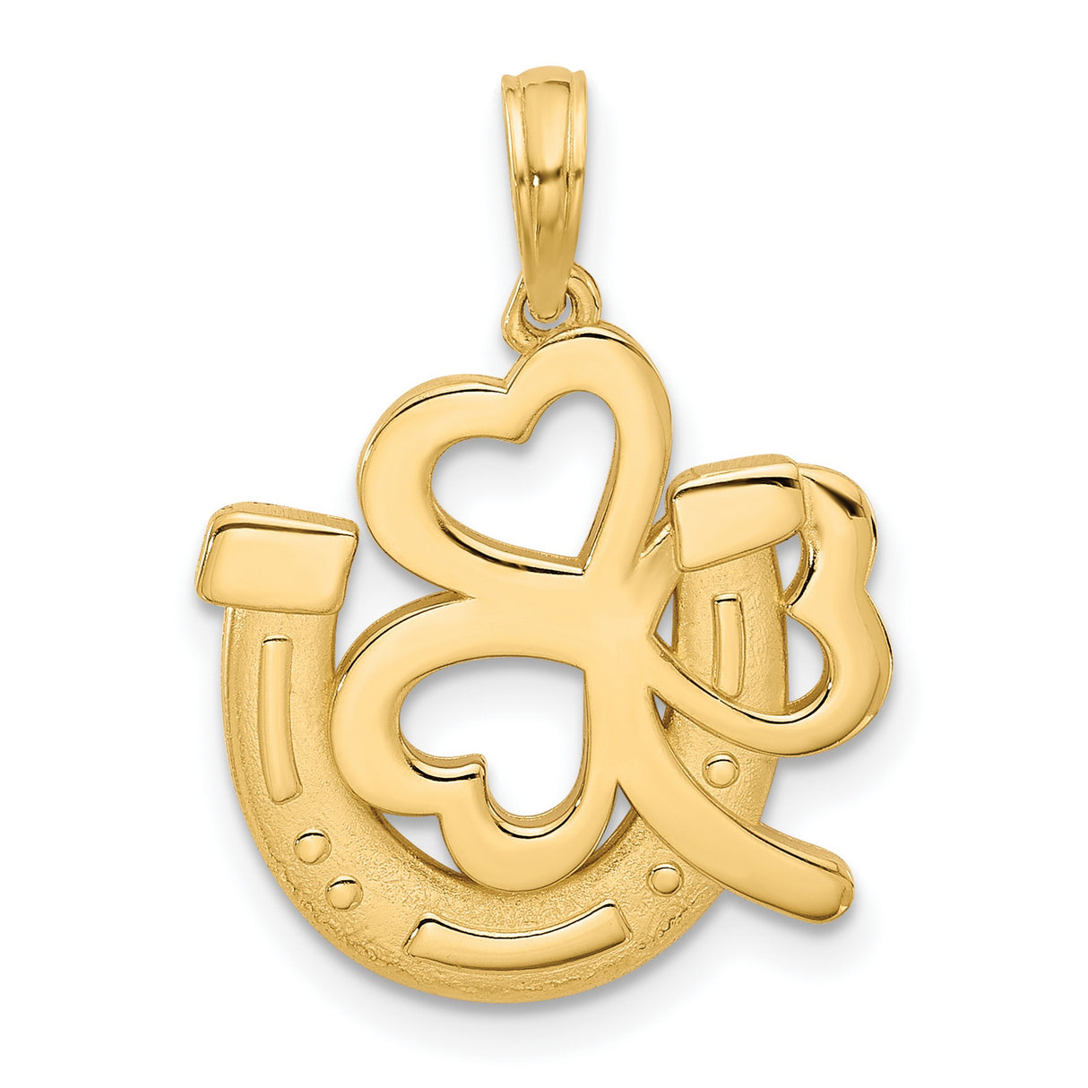 Polished and Satin Horseshoe and Clover Charm Pendant in Real 14k Yellow Gold