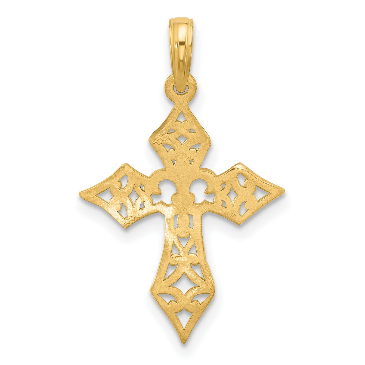14k Yellow Gold Cross Pendant with Fleur de Lis and Polished Filigree Design