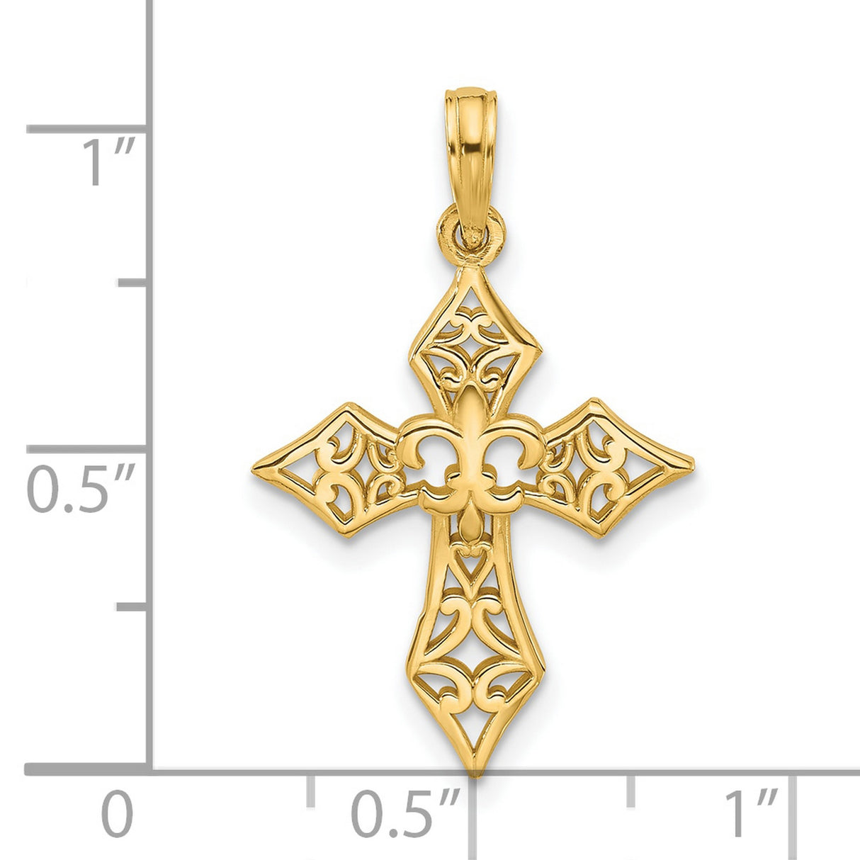 14k Yellow Gold Cross Pendant with Fleur de Lis and Polished Filigree Design