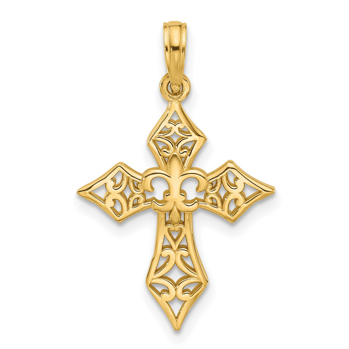 14k Yellow Gold Cross Pendant with Fleur de Lis and Polished Filigree Design
