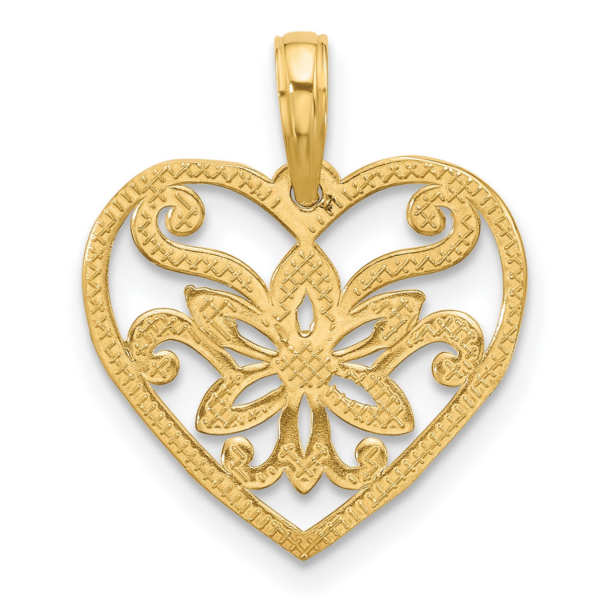 14k Yellow Gold Heart Pendant with Openwork Floral Design and Scroll Accents