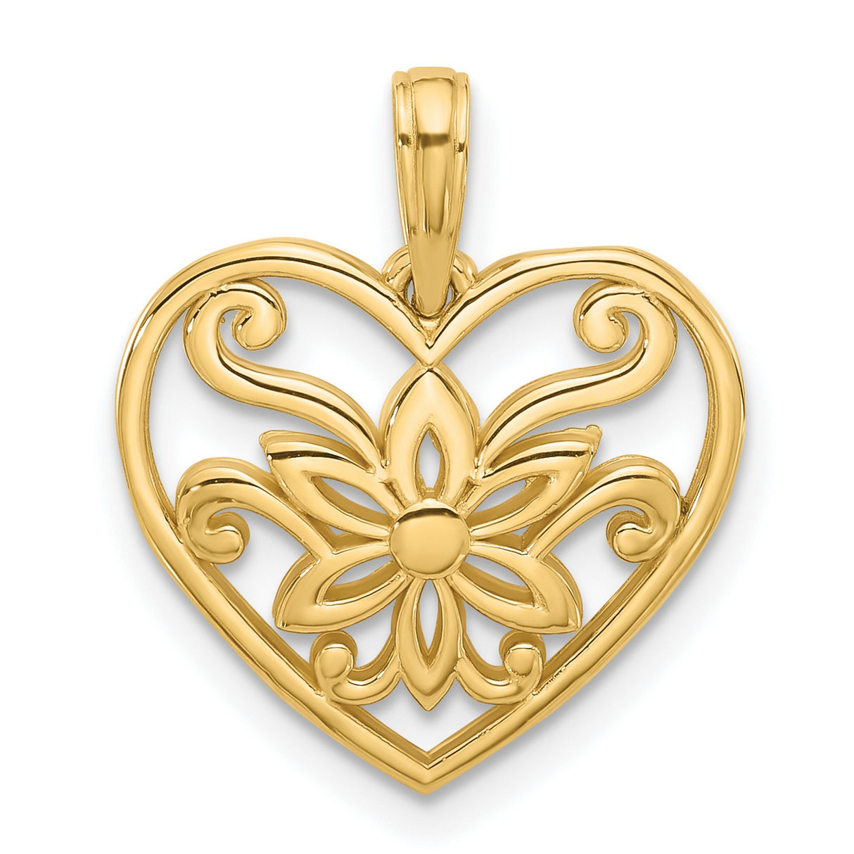 14k Yellow Gold Heart Pendant with Openwork Floral Design and Scroll Accents