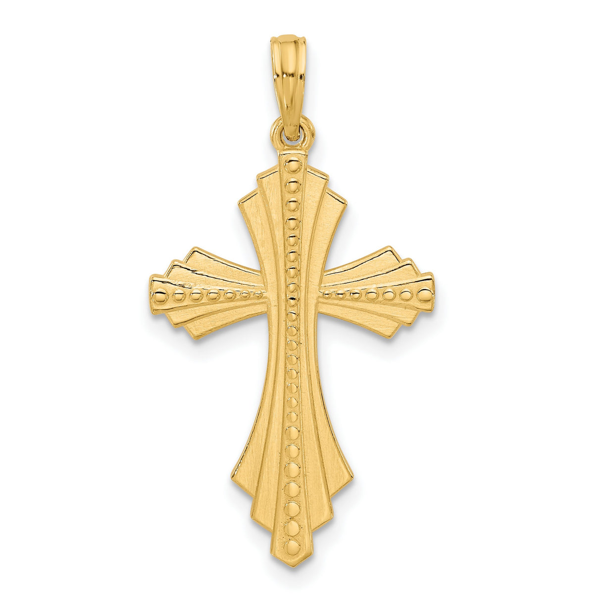 14k Yellow Gold Cross Pendant with Beaded Sunburst Design, Textured Layered Charm for Men and Women