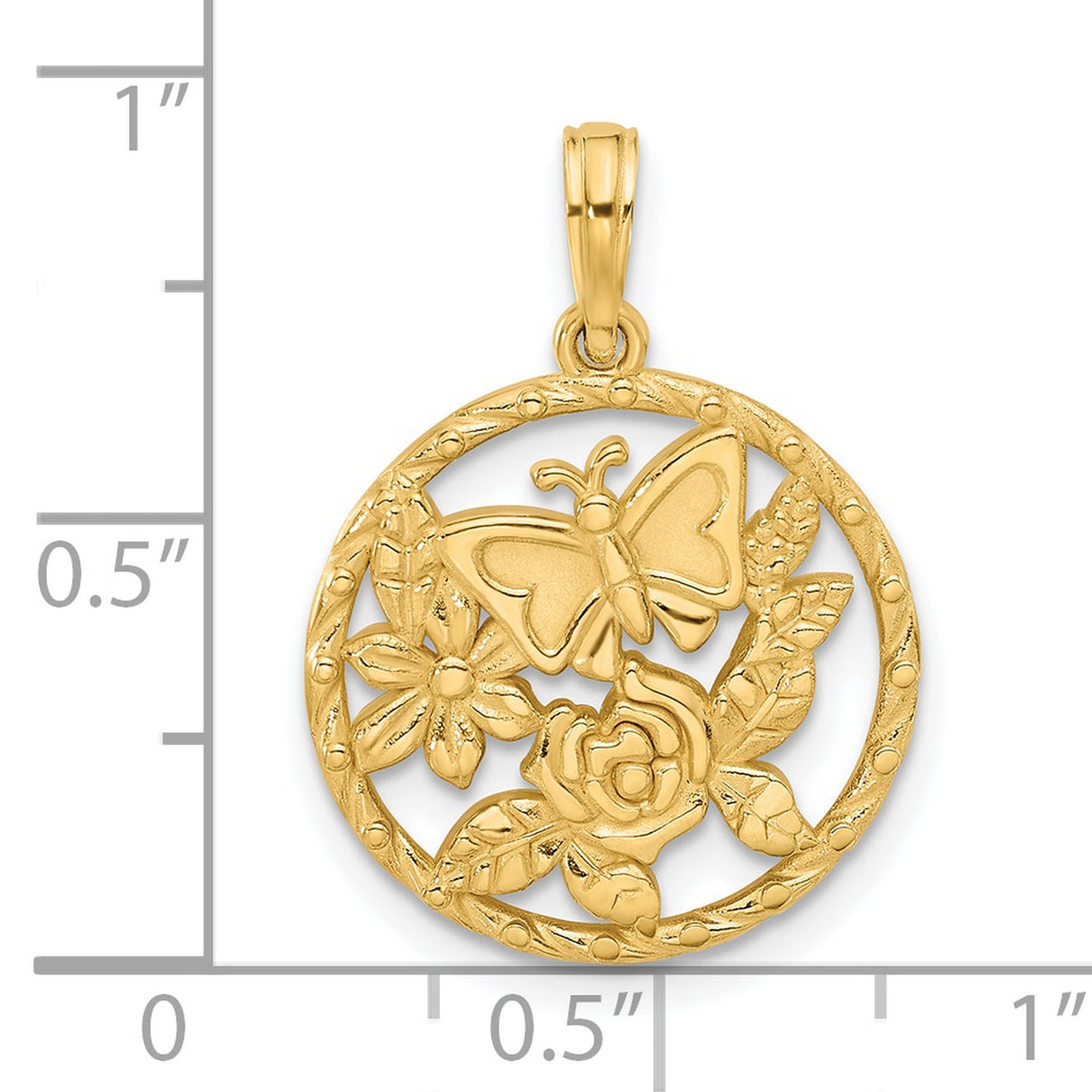 14k Yellow Gold Pendant, Butterfly and Floral Design, Nature Motif Charm for Women