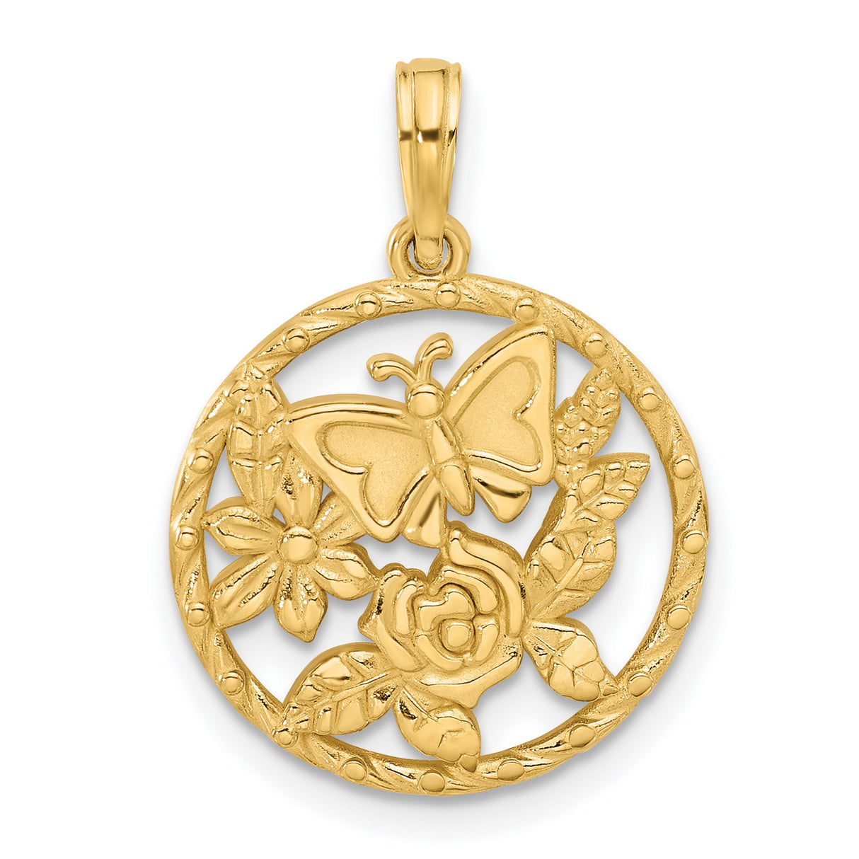 14k Yellow Gold Pendant, Butterfly and Floral Design, Nature Motif Charm for Women