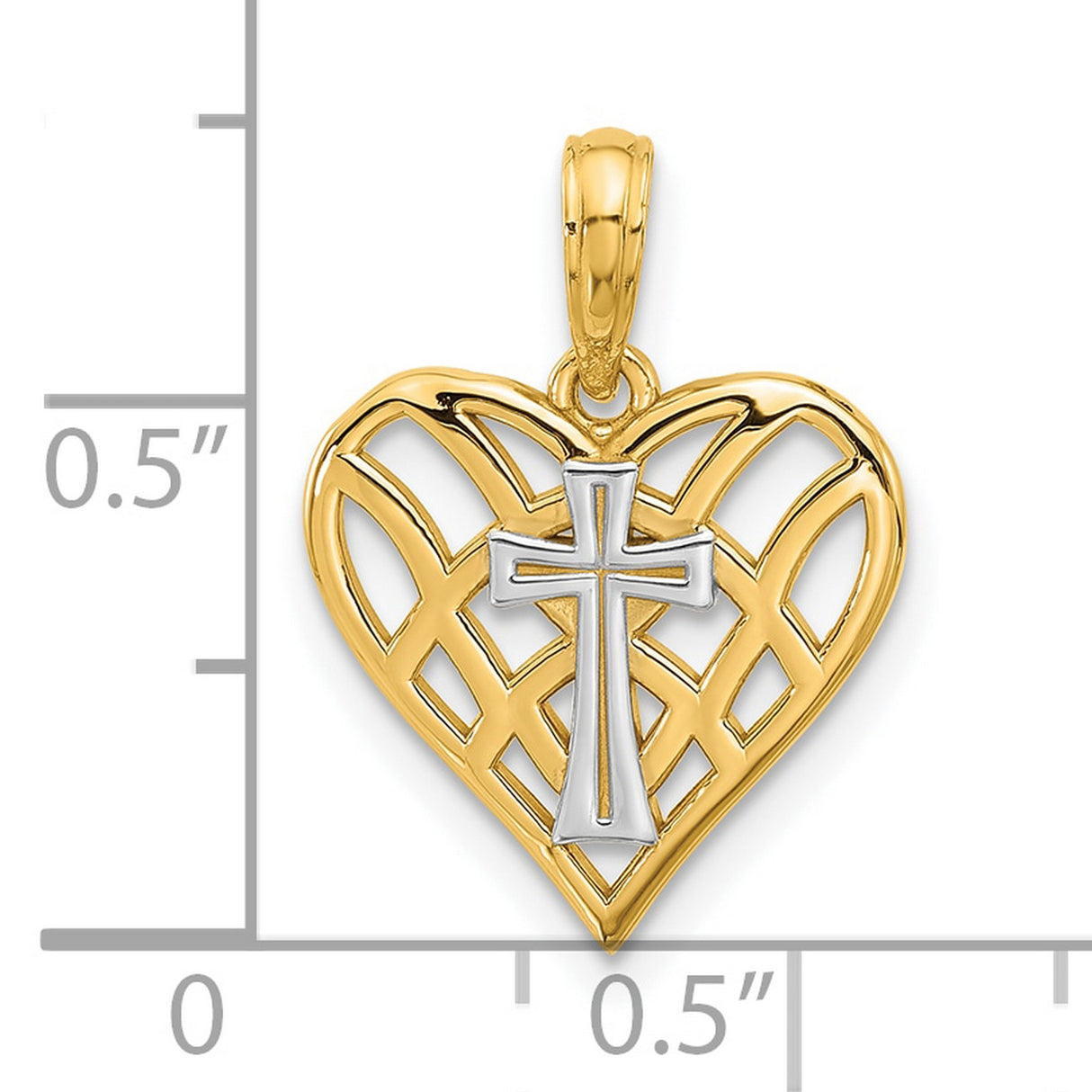 14k Multi-Tone Gold Cross Pendant with Silver Center Heart, Religious Jewelry for Men and Women