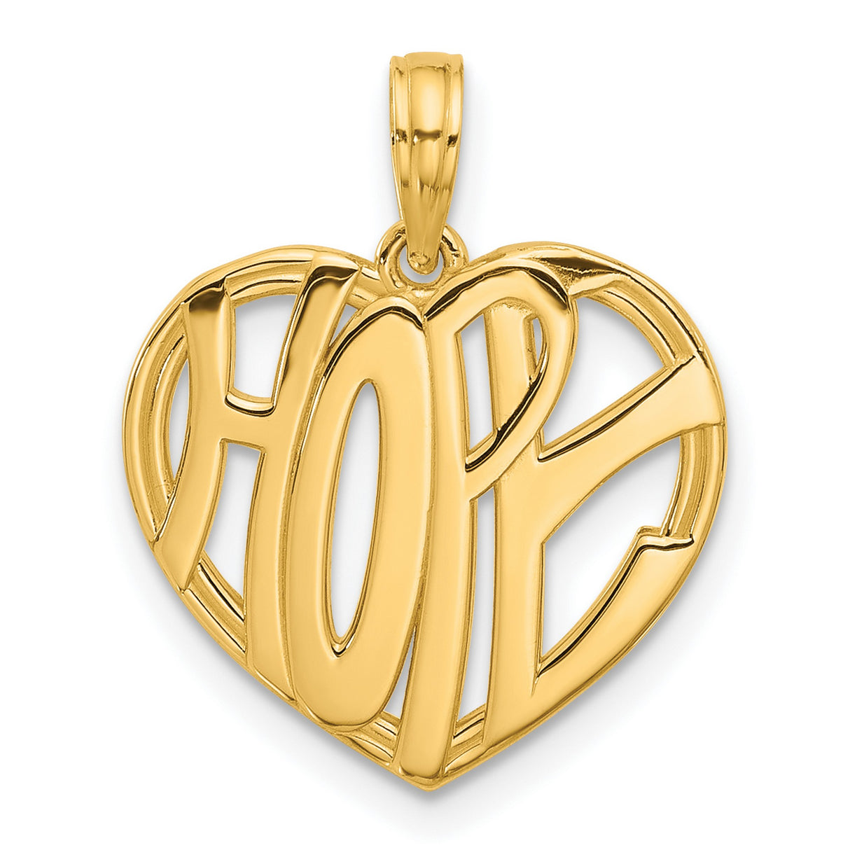 14k Yellow Gold Heart Pendant with HOPE Cutout Letters, Inspirational Jewelry for Women