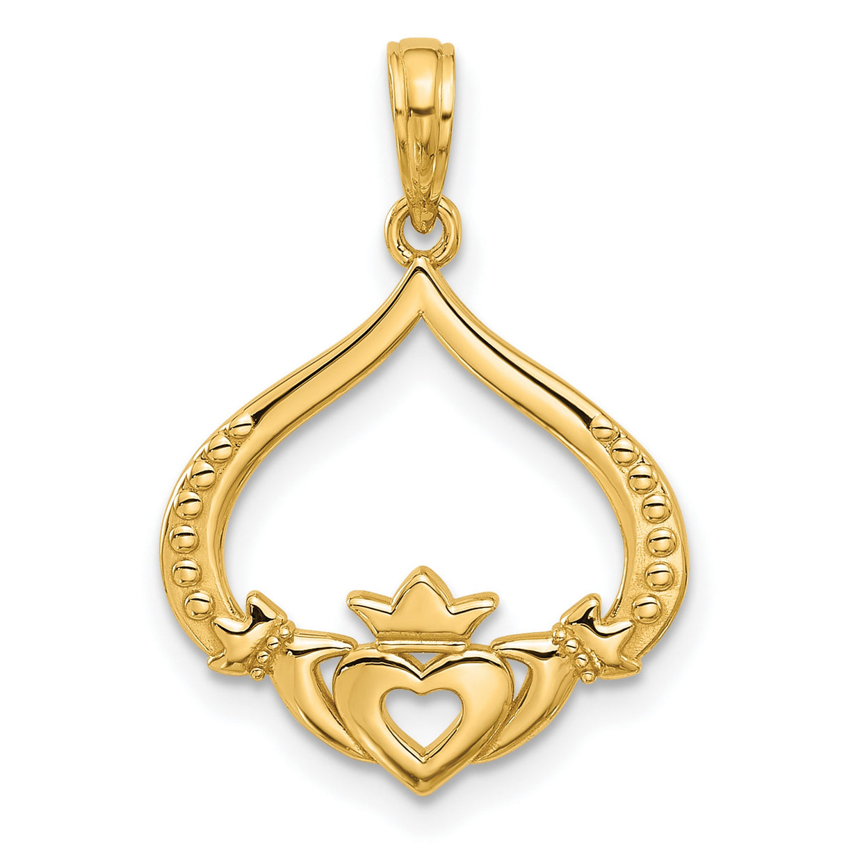 14k Yellow Gold Claddagh Pendant with Crowned Heart and Hands, Celtic Irish Symbol of Love and Loyalty