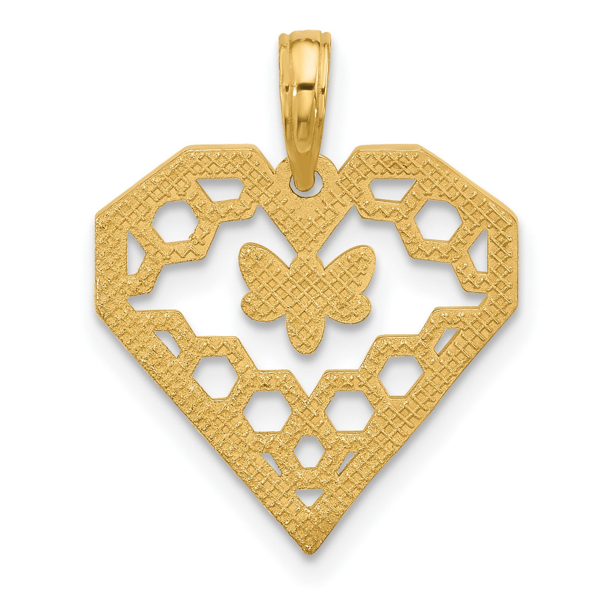 14k Yellow Gold Heart Pendant with Honeycomb Design and Bee Motif, Nature-Inspired Jewelry