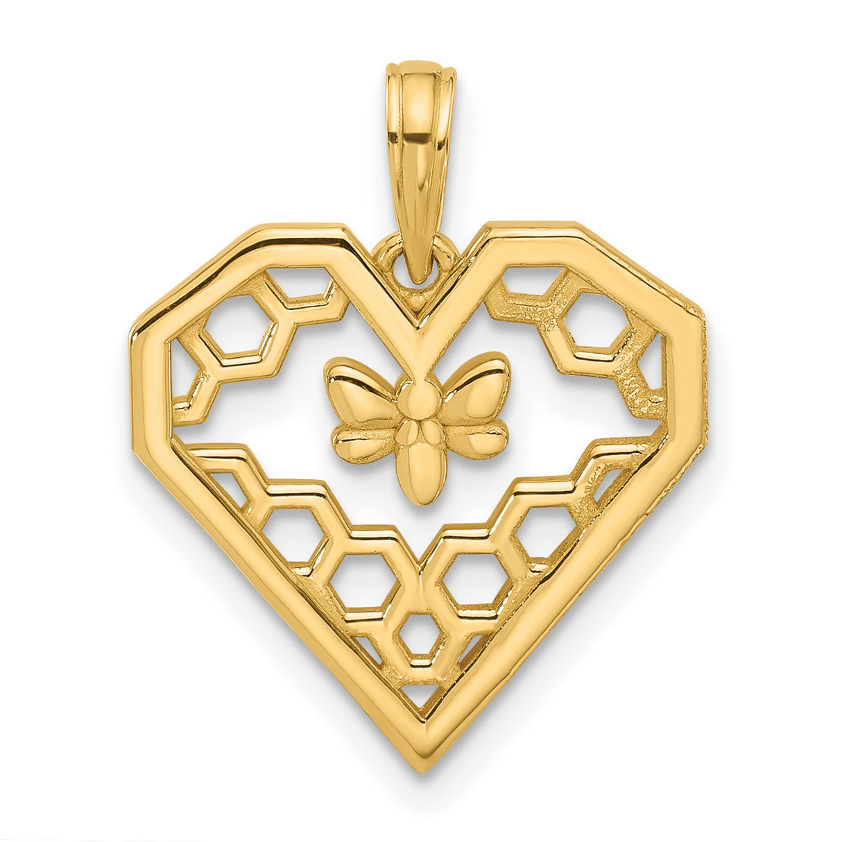 14k Yellow Gold Heart Pendant with Honeycomb Design and Bee Motif, Nature-Inspired Jewelry