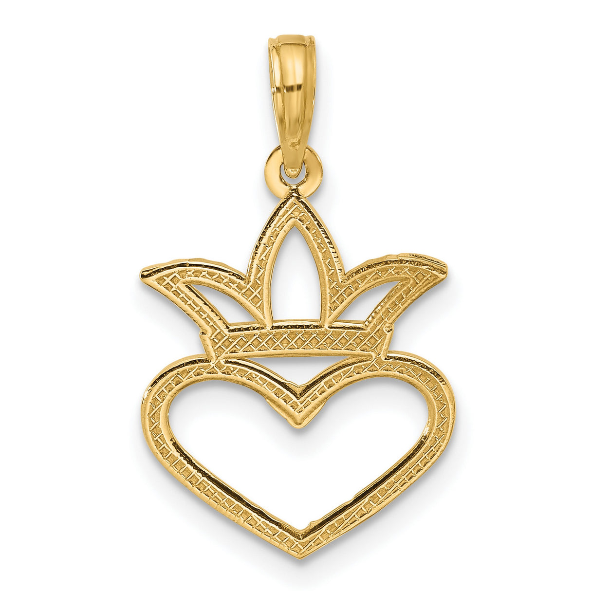 Polished Heart and Crown Charm Pendant in Real 14k Yellow Gold