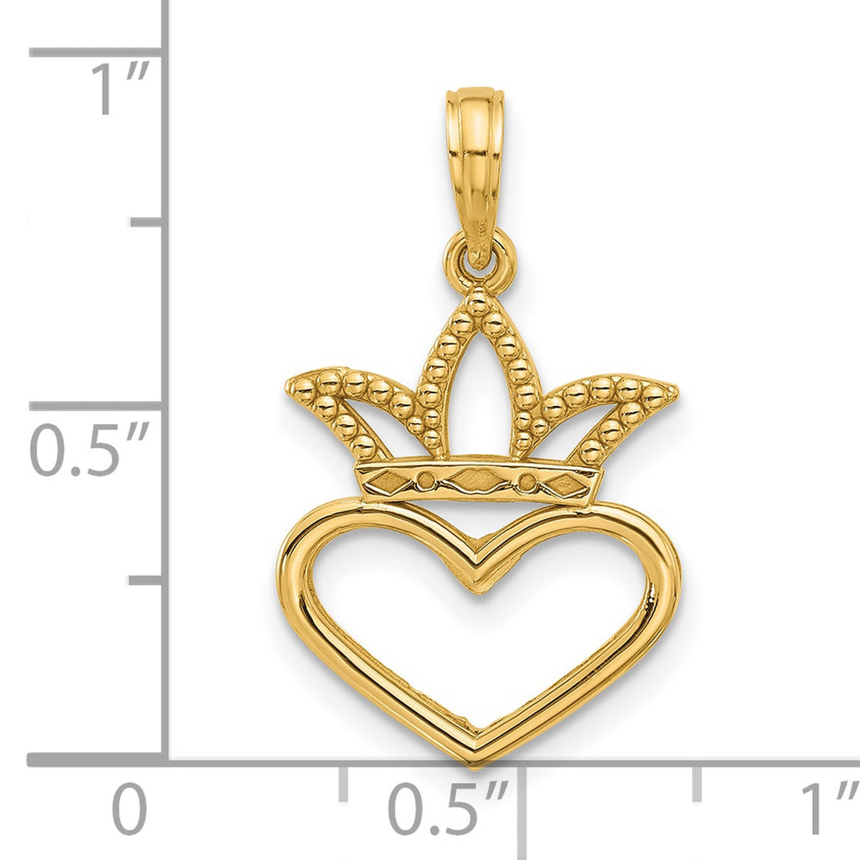 Polished Heart and Crown Charm Pendant in Real 14k Yellow Gold