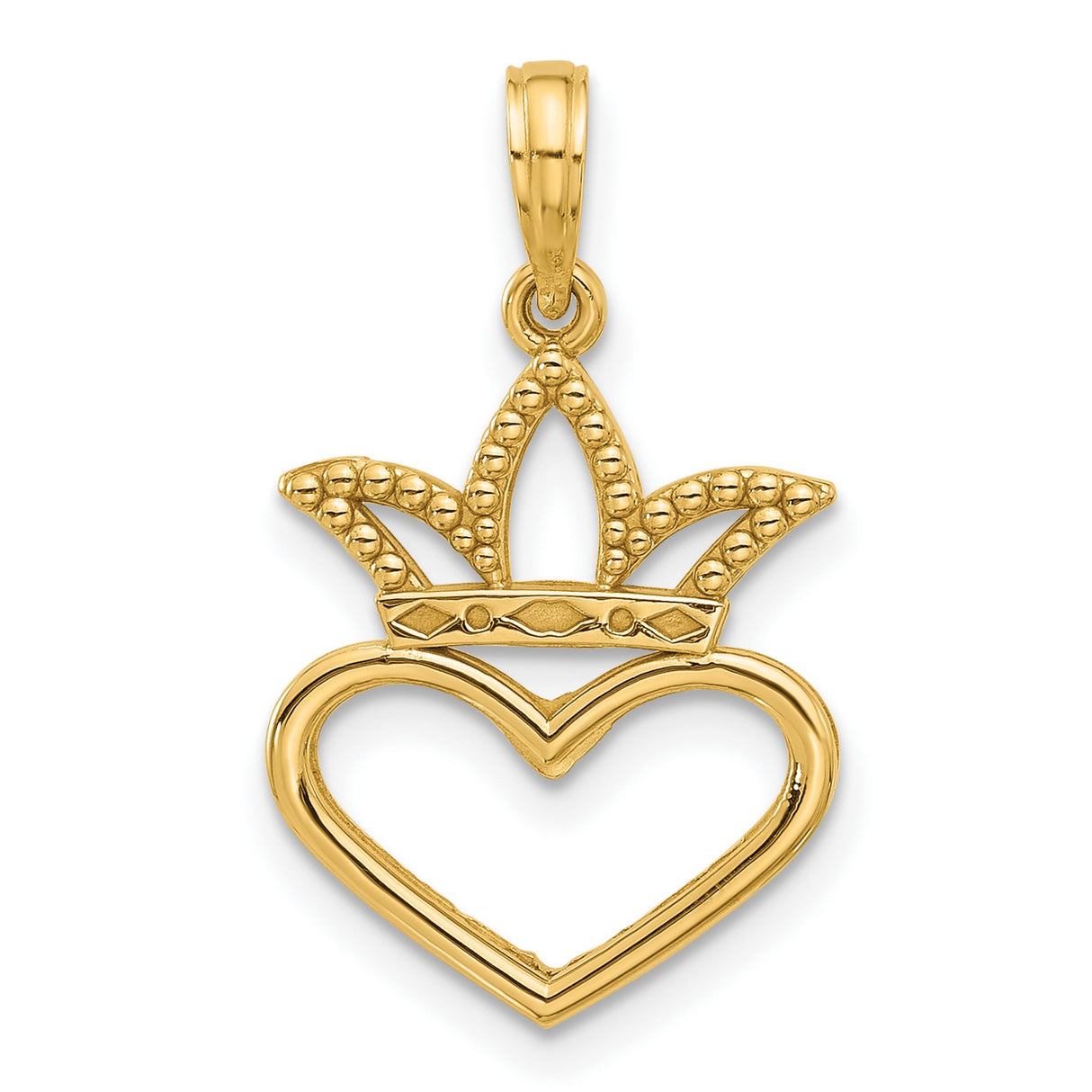 Polished Heart and Crown Charm Pendant in Real 14k Yellow Gold