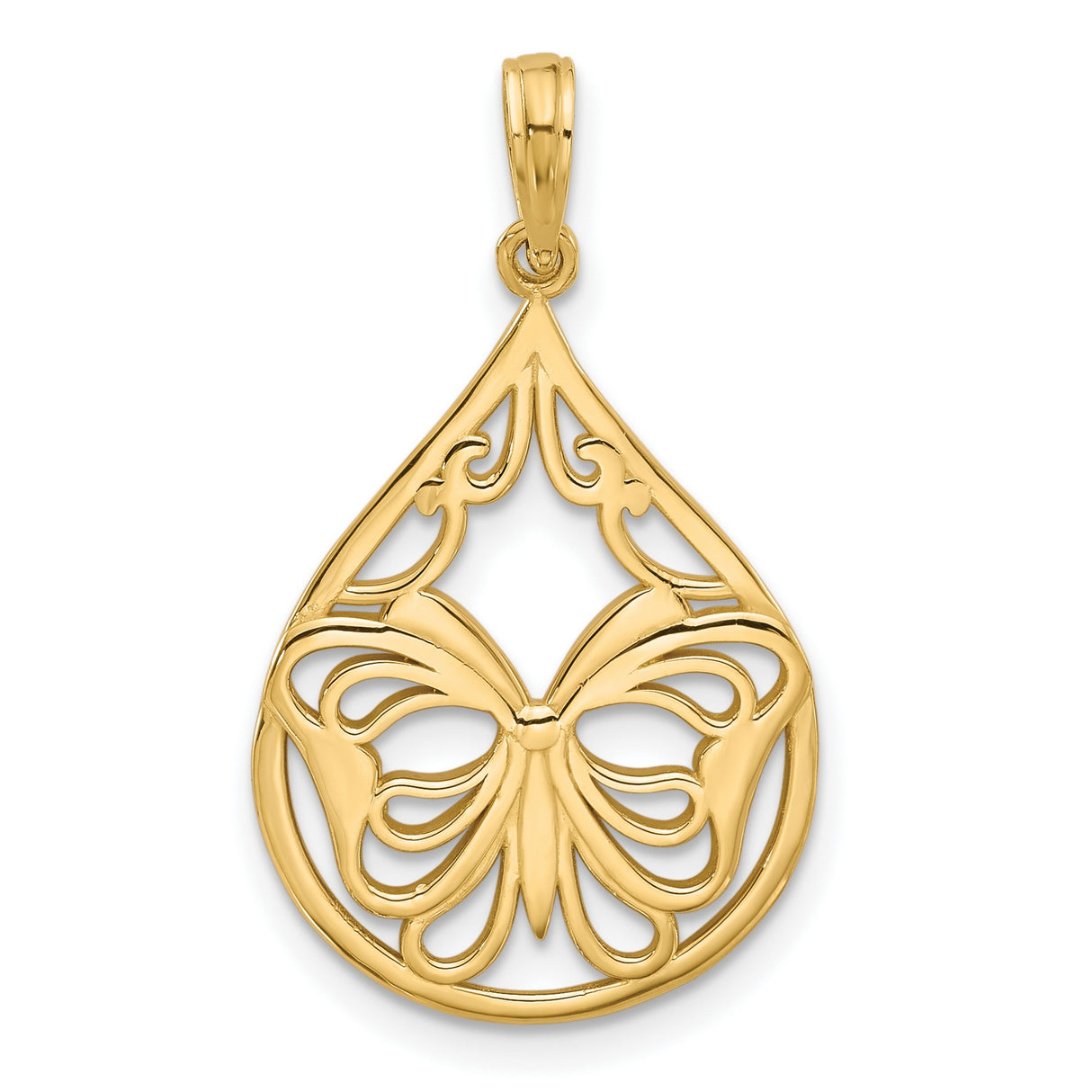 14k Yellow Gold Teardrop Pendant with Openwork Butterfly Design, Nature-Inspired Jewelry for Women