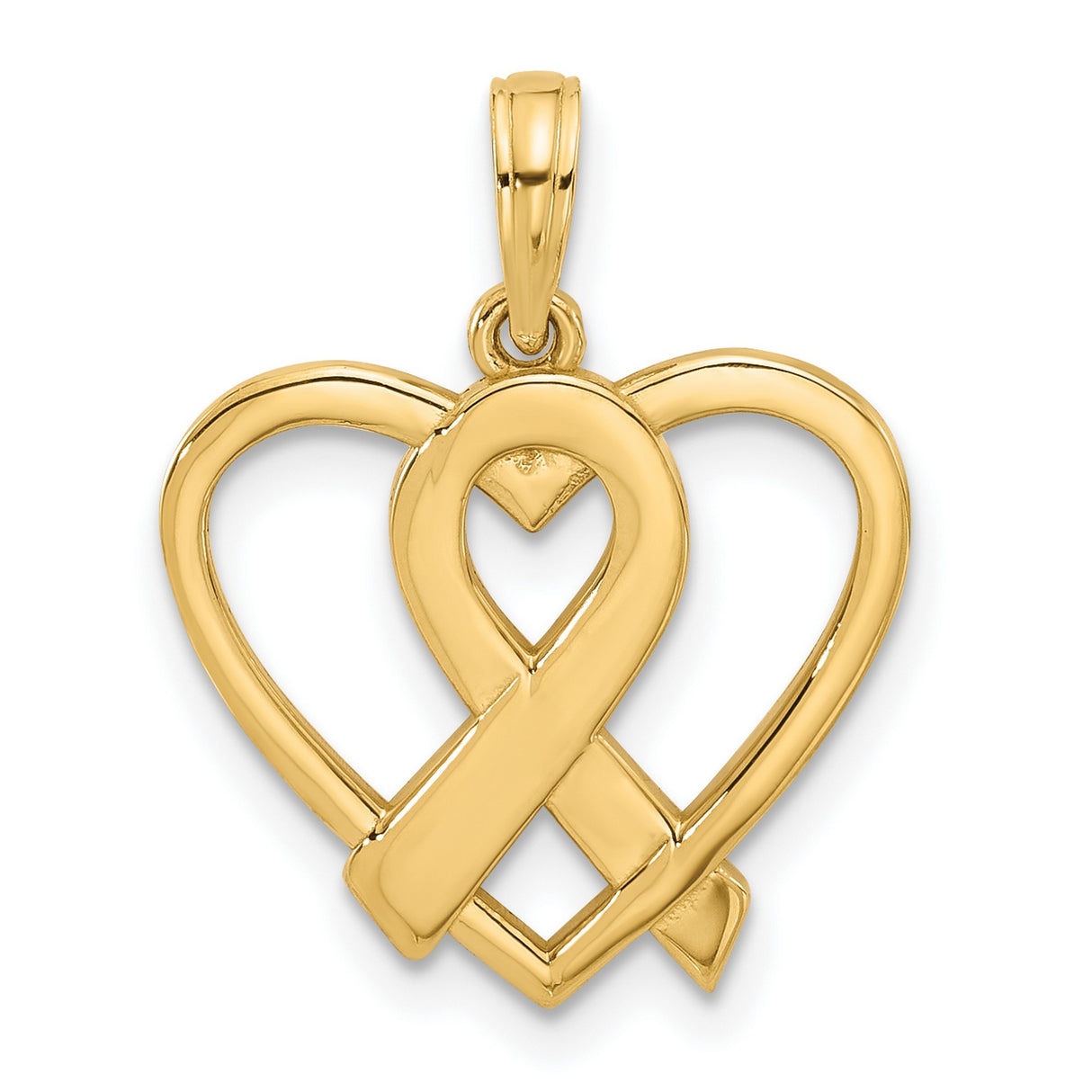 14k Yellow Gold Heart and Awareness Ribbon Pendant, Polished Open Heart Jewelry for Women