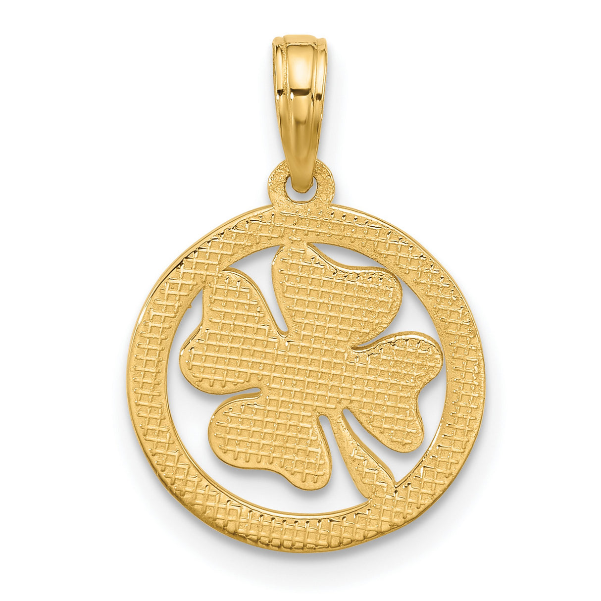 14k Yellow Gold Four-Leaf Clover Pendant with Cutout Circle Frame, Irish Lucky Charm
