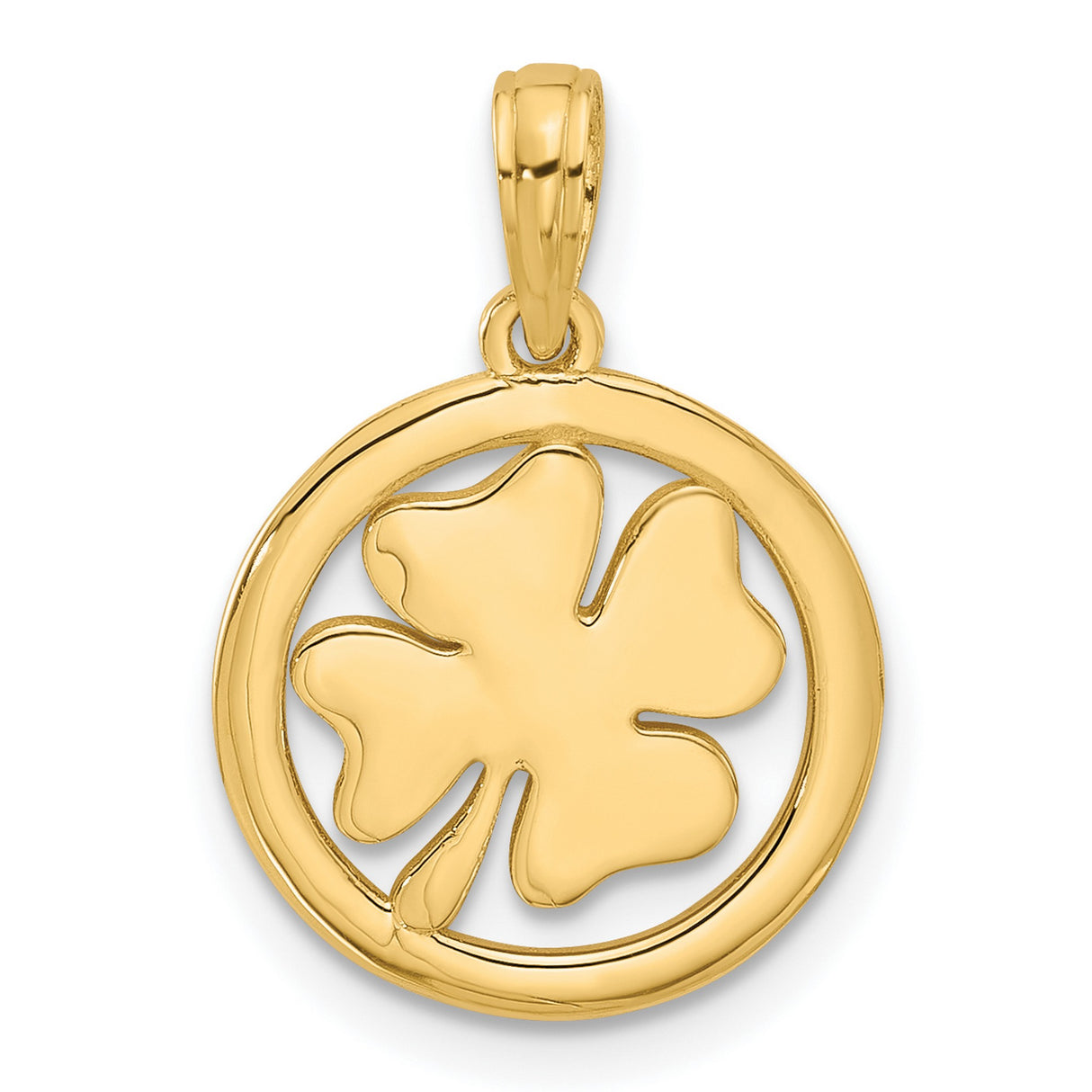14k Yellow Gold Four-Leaf Clover Pendant with Cutout Circle Frame, Irish Lucky Charm