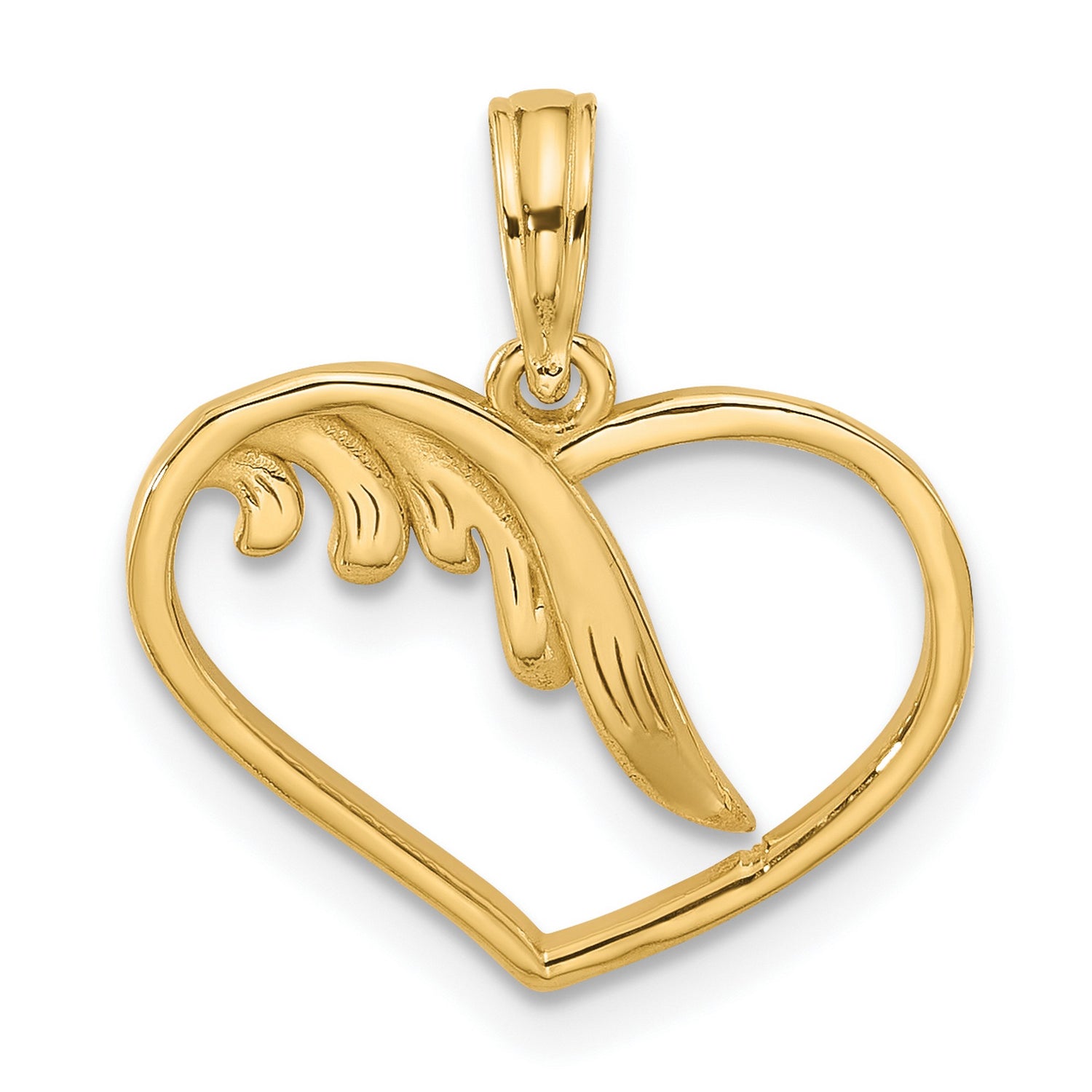 14k Yellow Gold Heart Pendant with Angel Wing Design, Memorial Christian Jewelry for Women