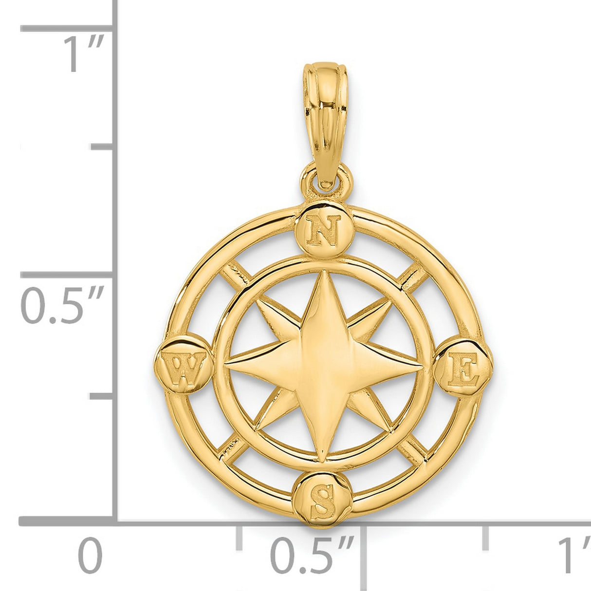 14k Yellow Gold Compass Pendant with North South East West Markers, Nautical Unisex Charm