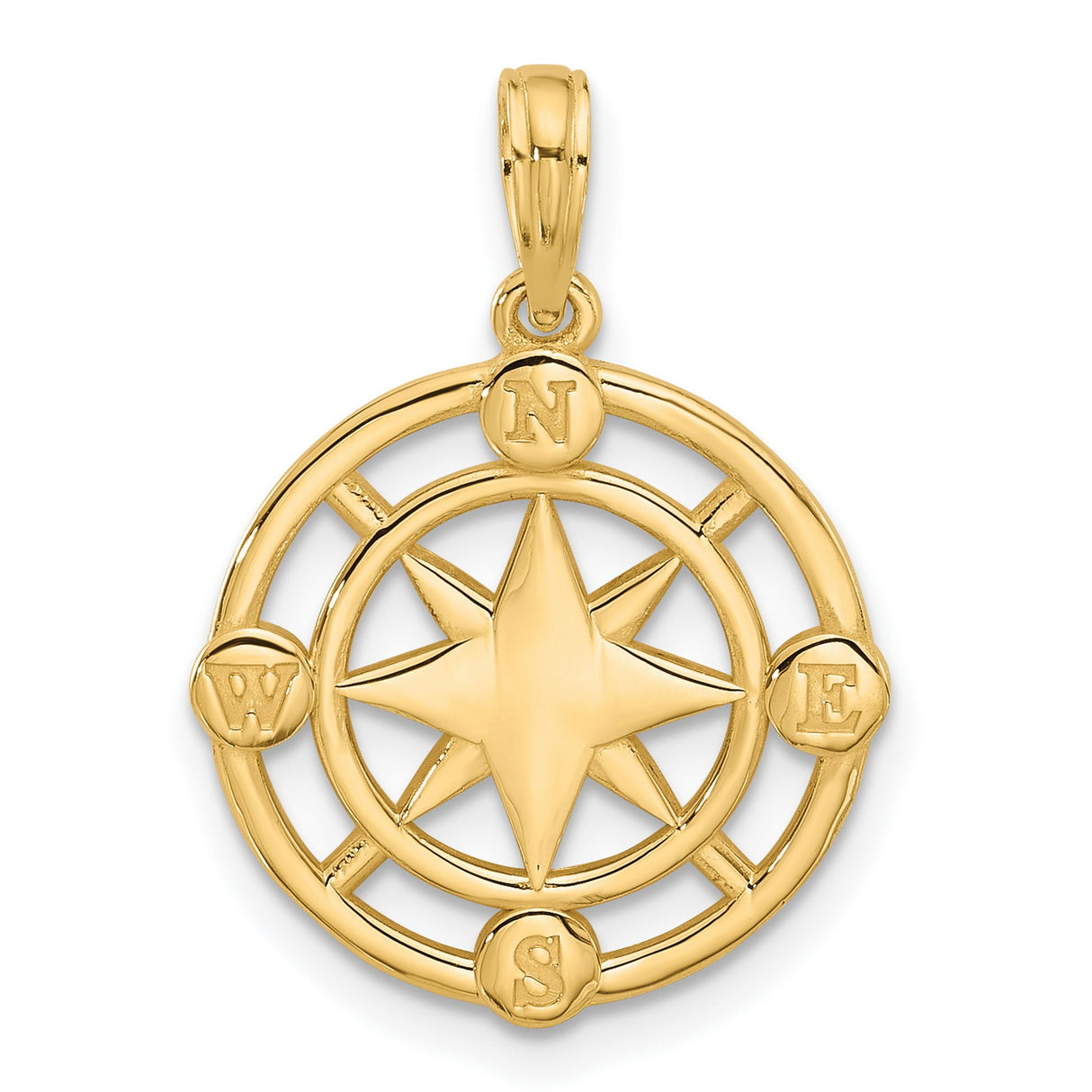 14k Yellow Gold Compass Pendant with North South East West Markers, Nautical Unisex Charm