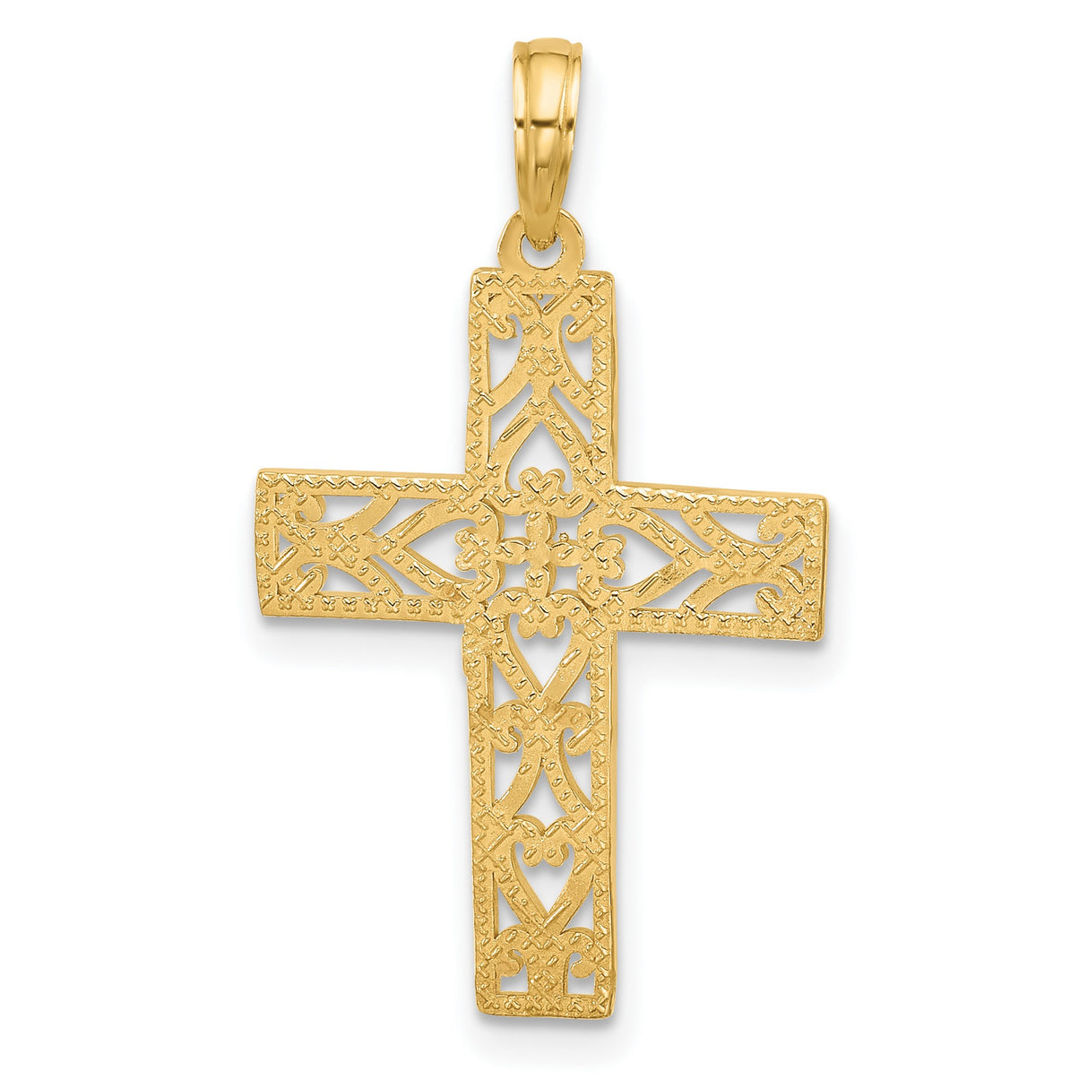 14k Yellow Gold Cross Pendant with Filigree Scroll Heart Design, Vintage Style Jewelry for Men and Women
