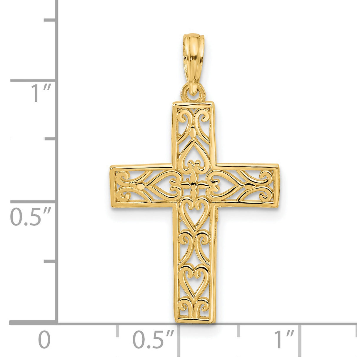 14k Yellow Gold Cross Pendant with Filigree Scroll Heart Design, Vintage Style Jewelry for Men and Women