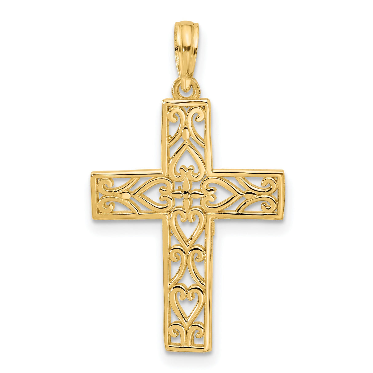 14k Yellow Gold Cross Pendant with Filigree Scroll Heart Design, Vintage Style Jewelry for Men and Women