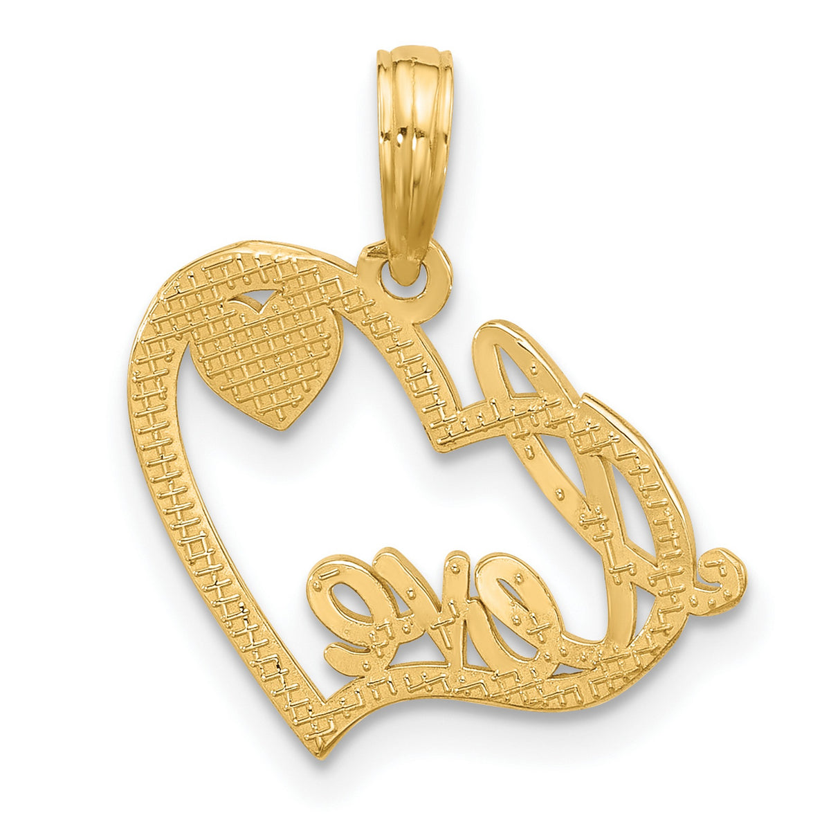 14k Yellow Gold Heart Pendant with Script Love and Small Accent Heart for Women