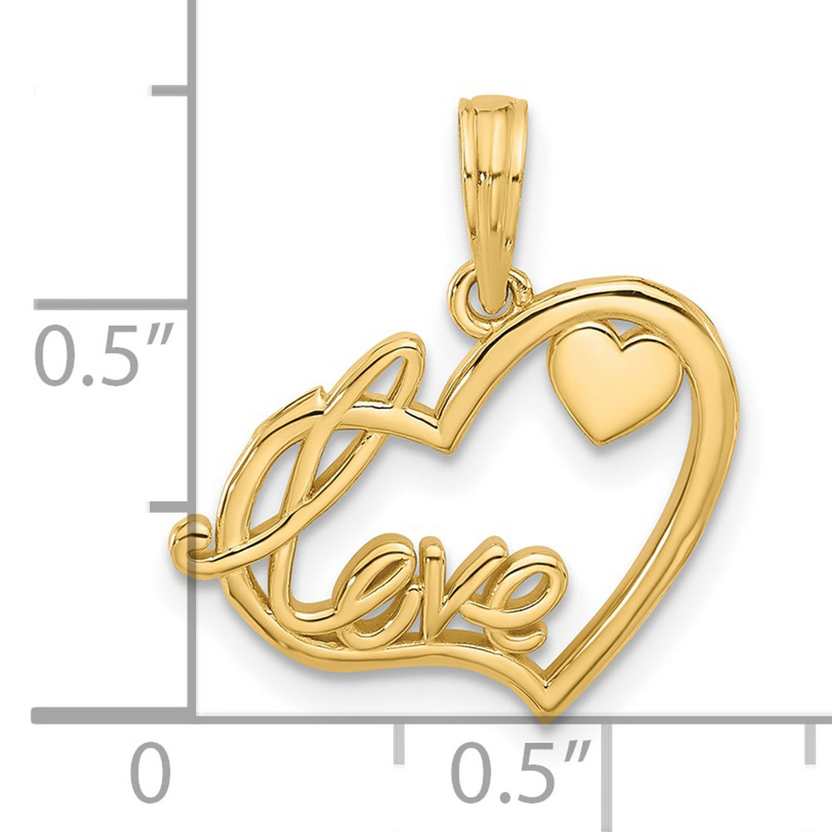 14k Yellow Gold Heart Pendant with Script Love and Small Accent Heart for Women