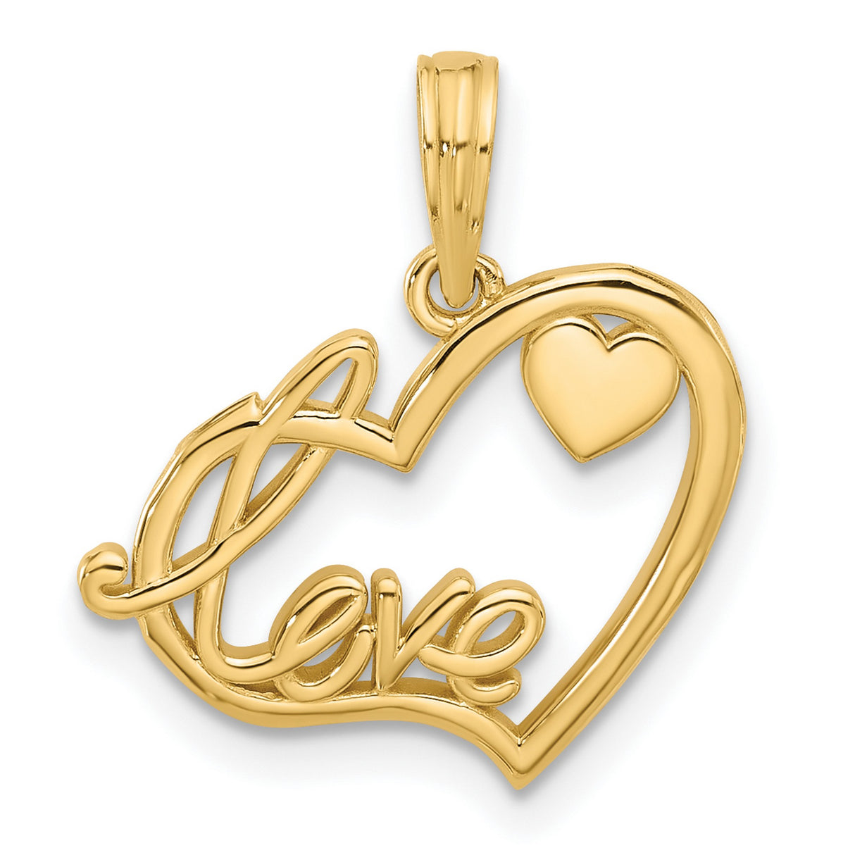14k Yellow Gold Heart Pendant with Script Love and Small Accent Heart for Women