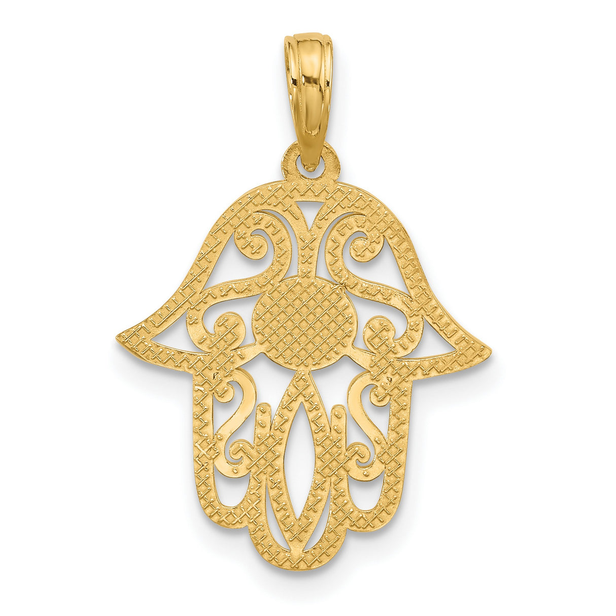 14k Yellow Gold Hamsa Hand Pendant with Intricate Filigree Design, Spiritual Protection Jewelry