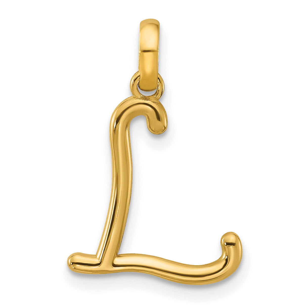 14k Yellow Gold Letter L Pendant, Cursive Initial Charm with Polished Script Design