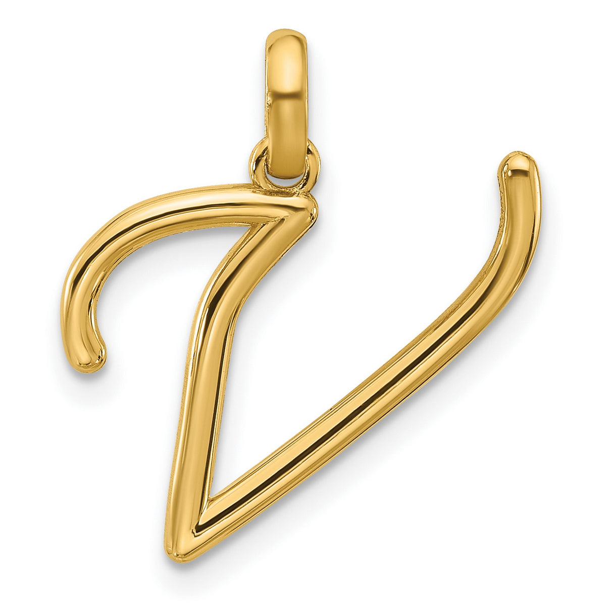 14k Yellow Gold Letter V Pendant, Polished Script Initial Charm, Dainty Monogram Jewelry