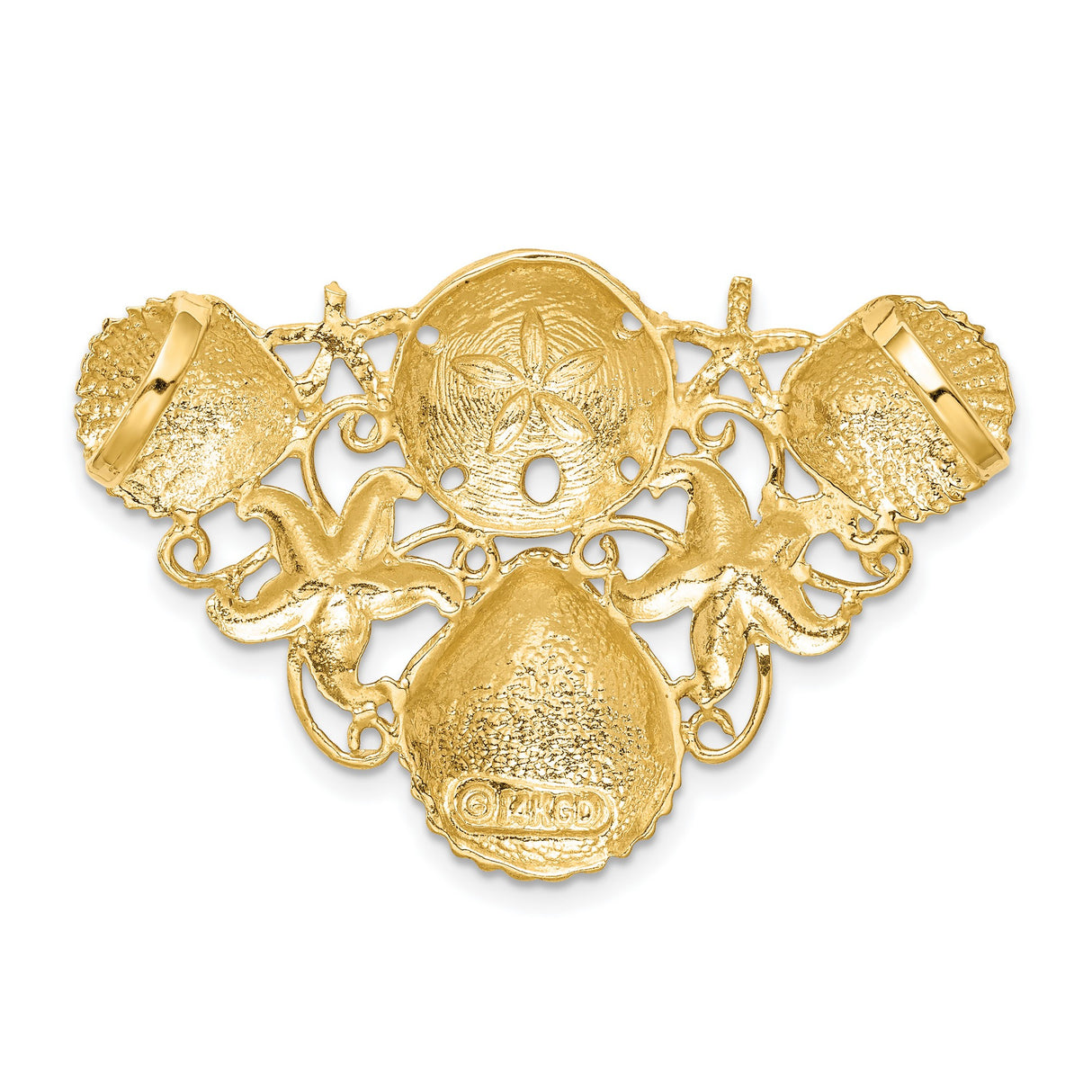 14k Yellow Gold Pendant with Sand Dollar, Starfish, and Scallop Shell Motifs, Nautical Theme