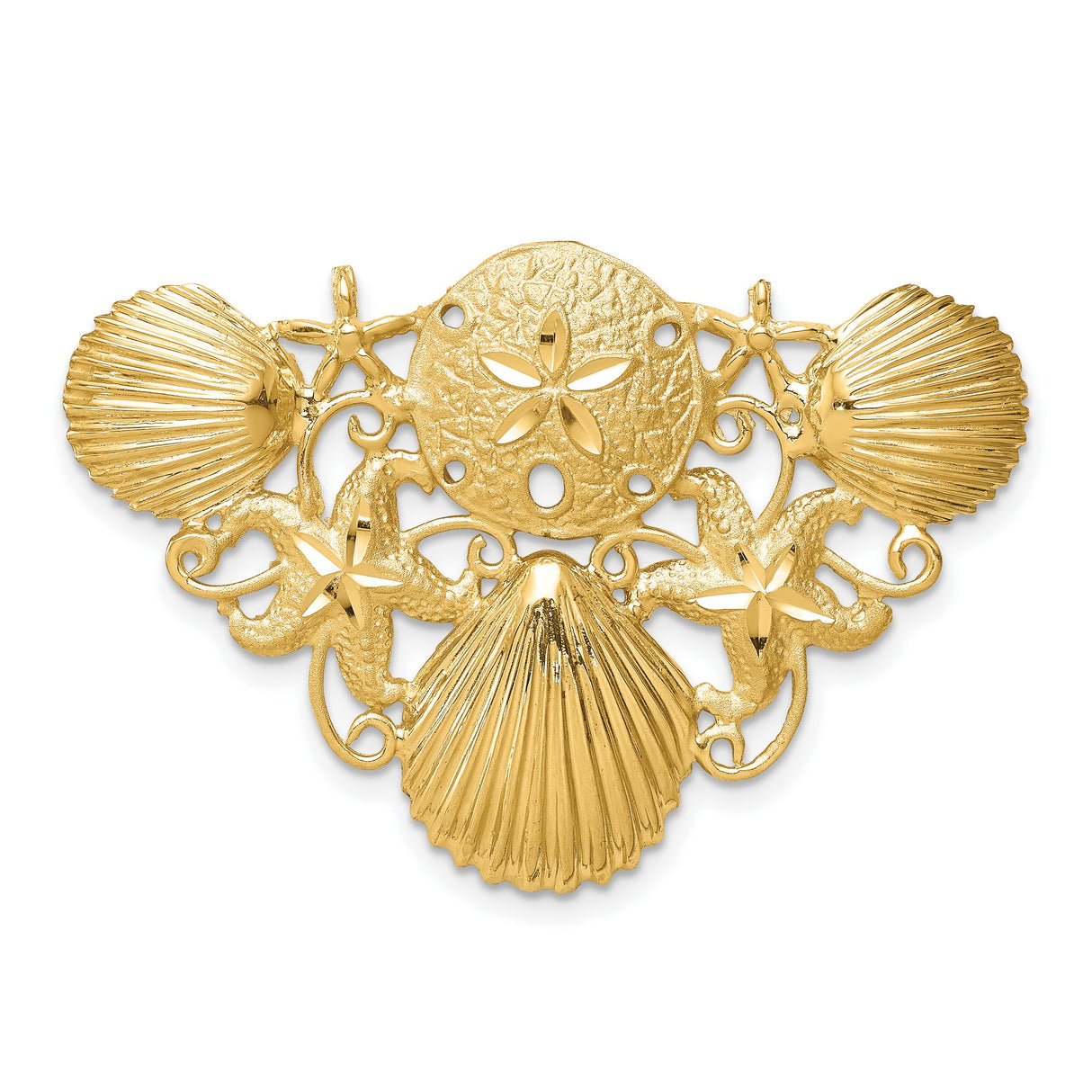 14k Yellow Gold Pendant with Sand Dollar, Starfish, and Scallop Shell Motifs, Nautical Theme