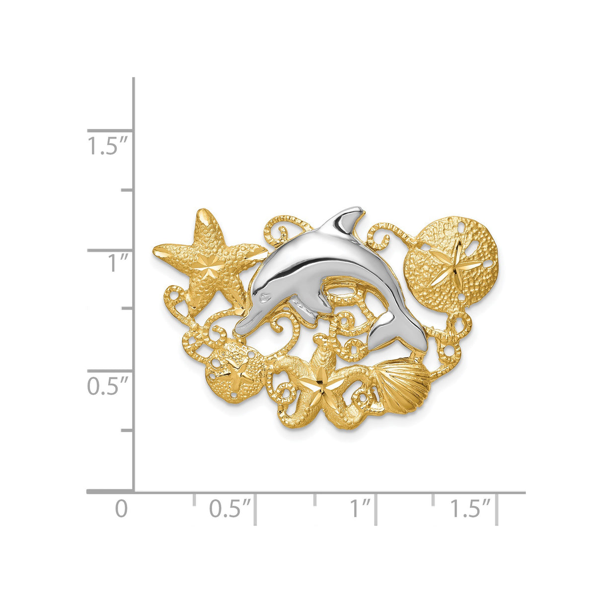 14k Two-Tone Gold Pendant with Dolphin, Starfish, Sand Dollar, and Seashell Ocean Theme