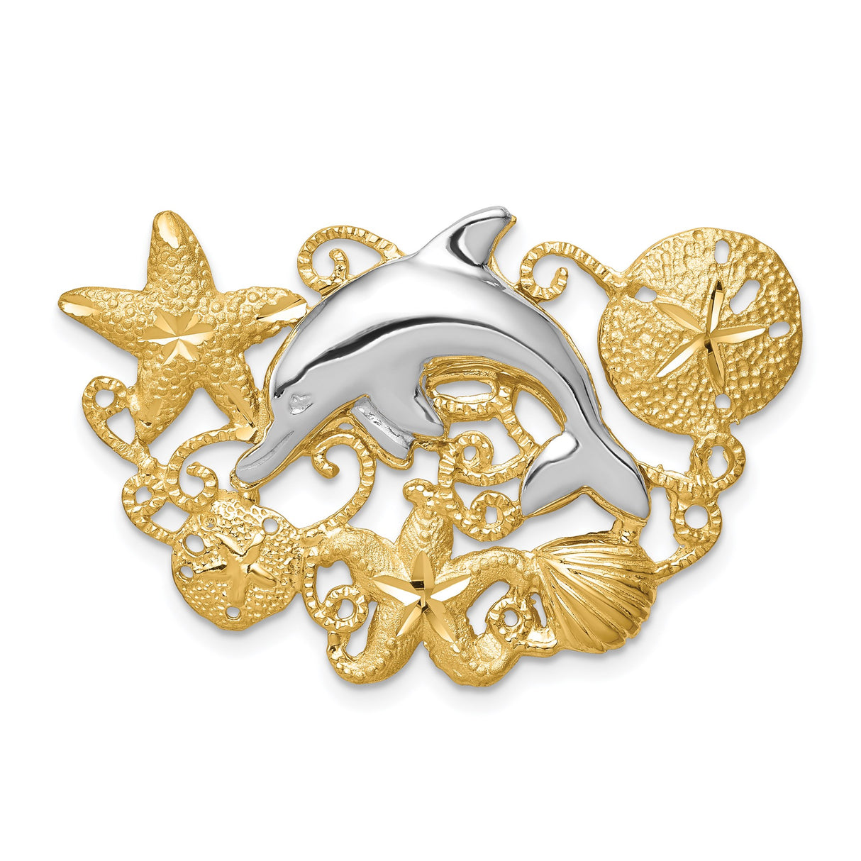 14k Two-Tone Gold Pendant with Dolphin, Starfish, Sand Dollar, and Seashell Ocean Theme
