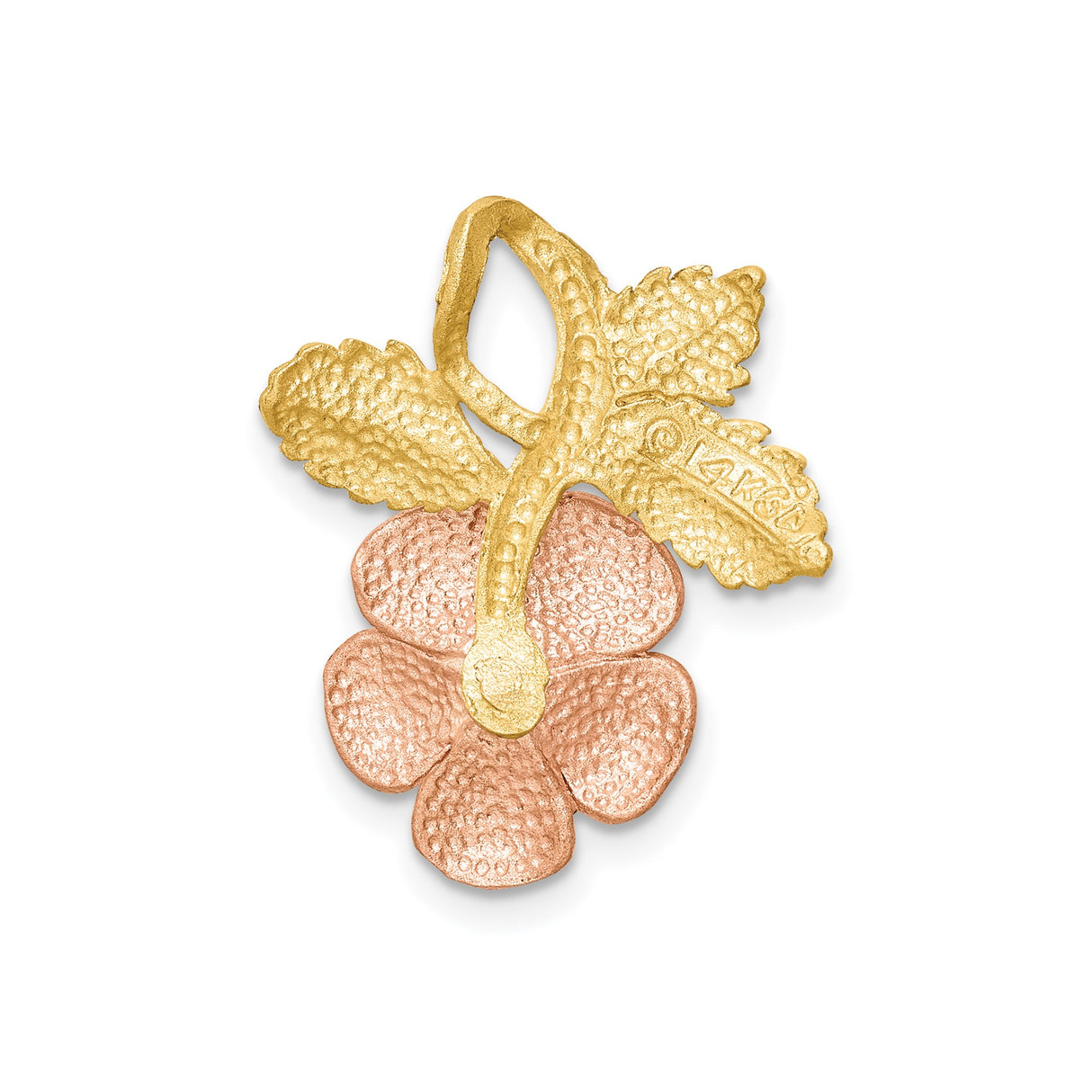 14k Two-Tone Gold Rose Flower Pendant with Textured Leaves and Detailed Floral Design