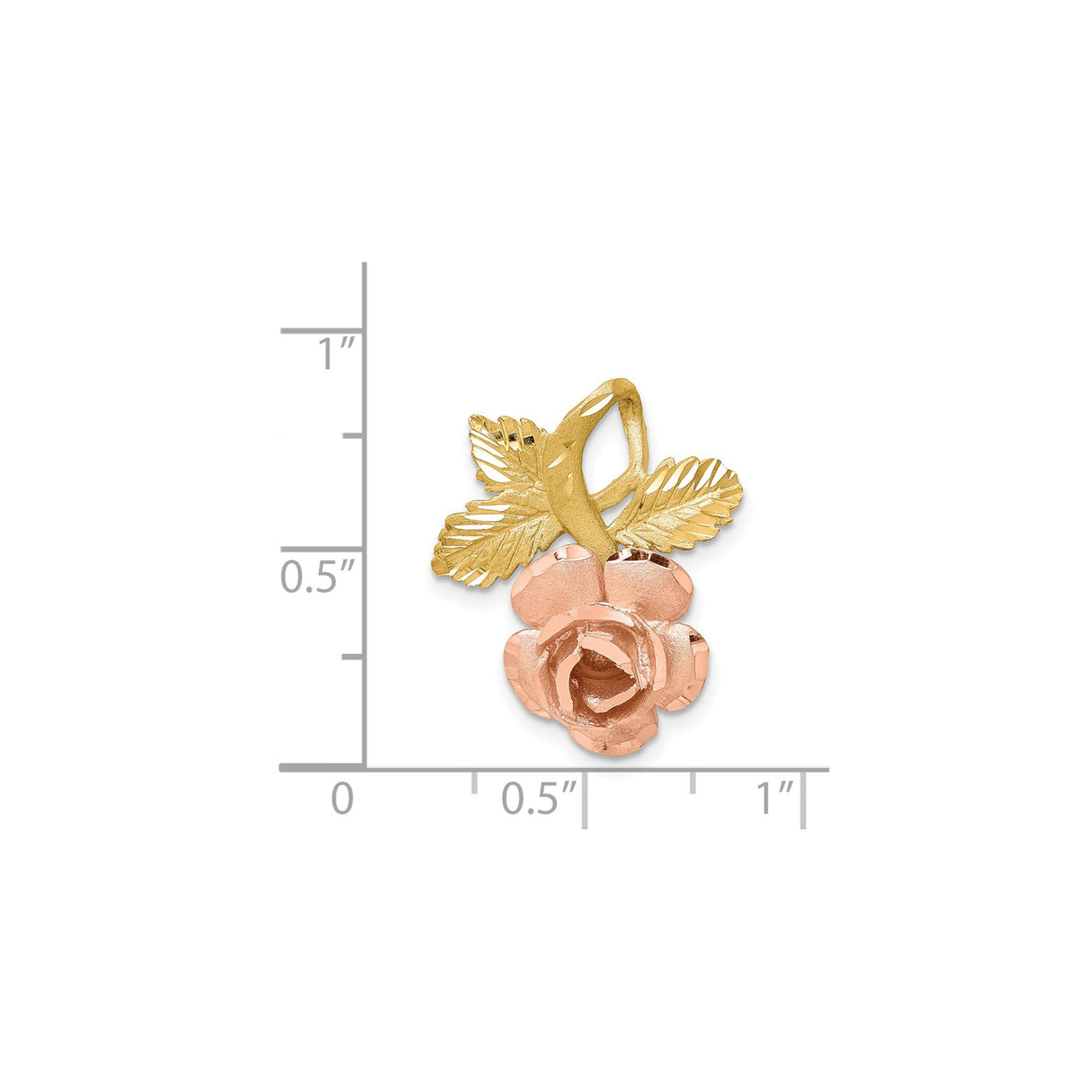 14k Two-Tone Gold Rose Flower Pendant with Textured Leaves and Detailed Floral Design